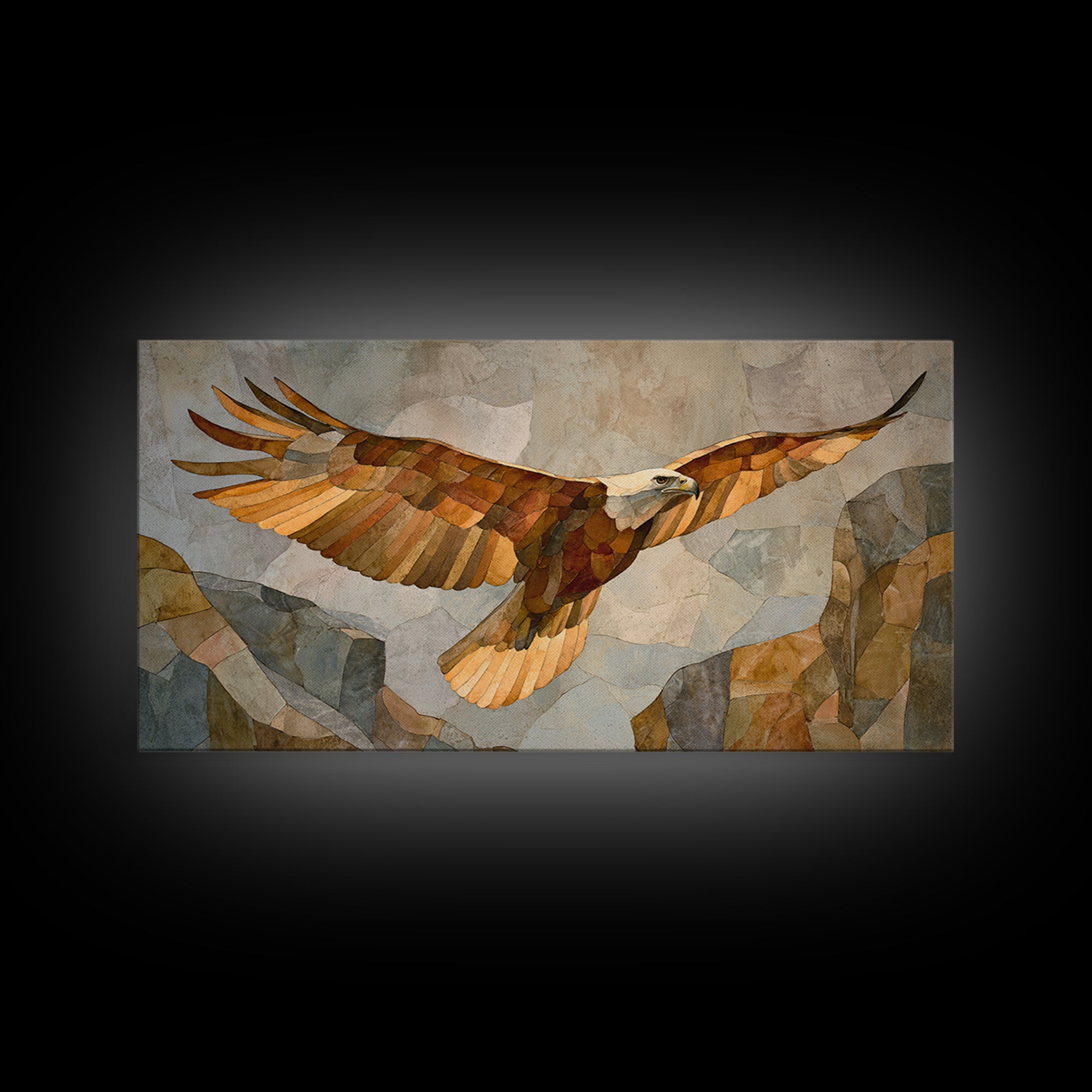 Eagle Soaring Above Rocky Cliffs Framed Canvas Print, Wildlife Art, Minimalist Decor, Living Room Decor, Fine Art, Wild, WIL-2x1-50