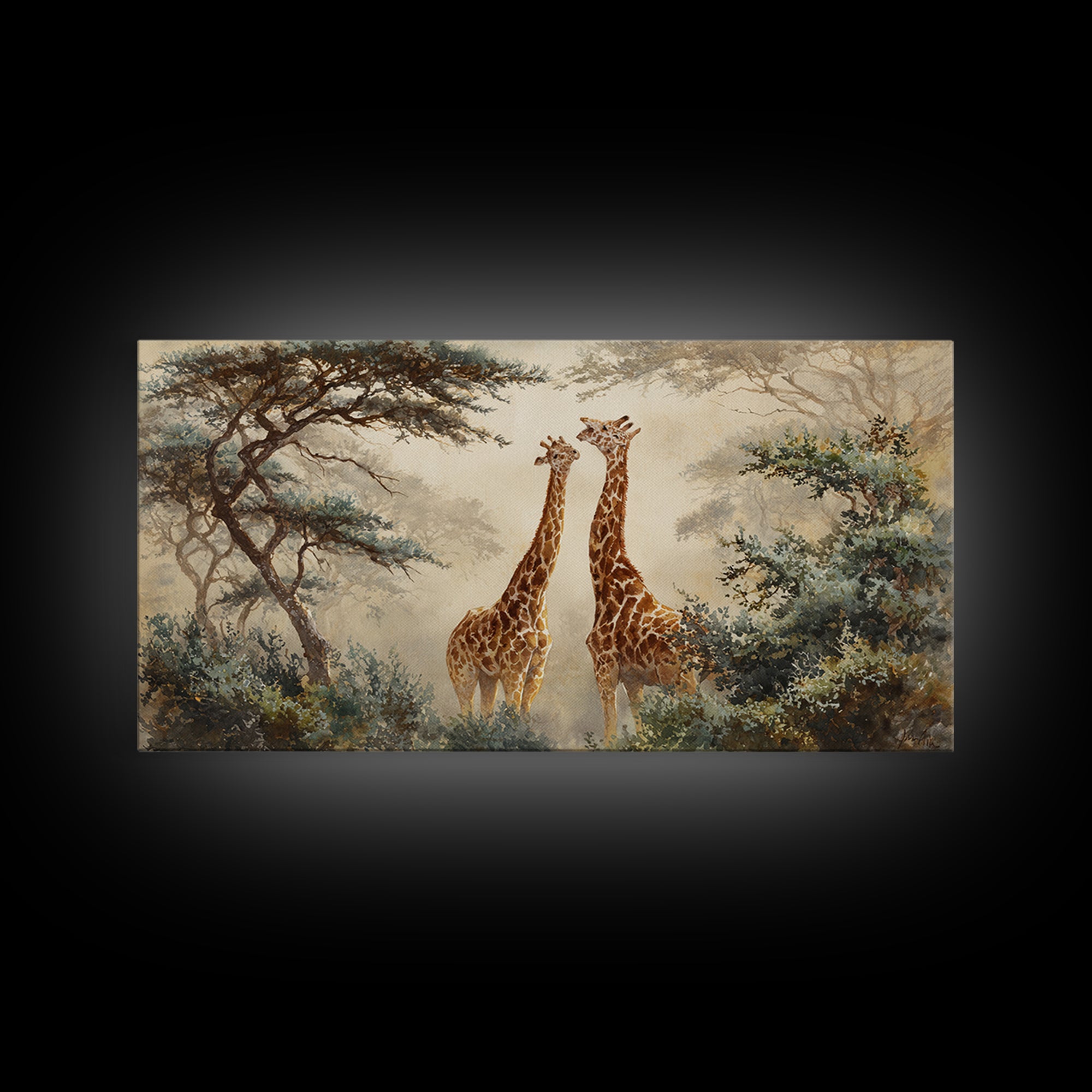 Giraffe Pair under Acacia Tree Framed Canvas Print, Wildlife Art, Modern Wall Art, Living Room Decor, Watercolor Art, Wild, WIL-2x1-51