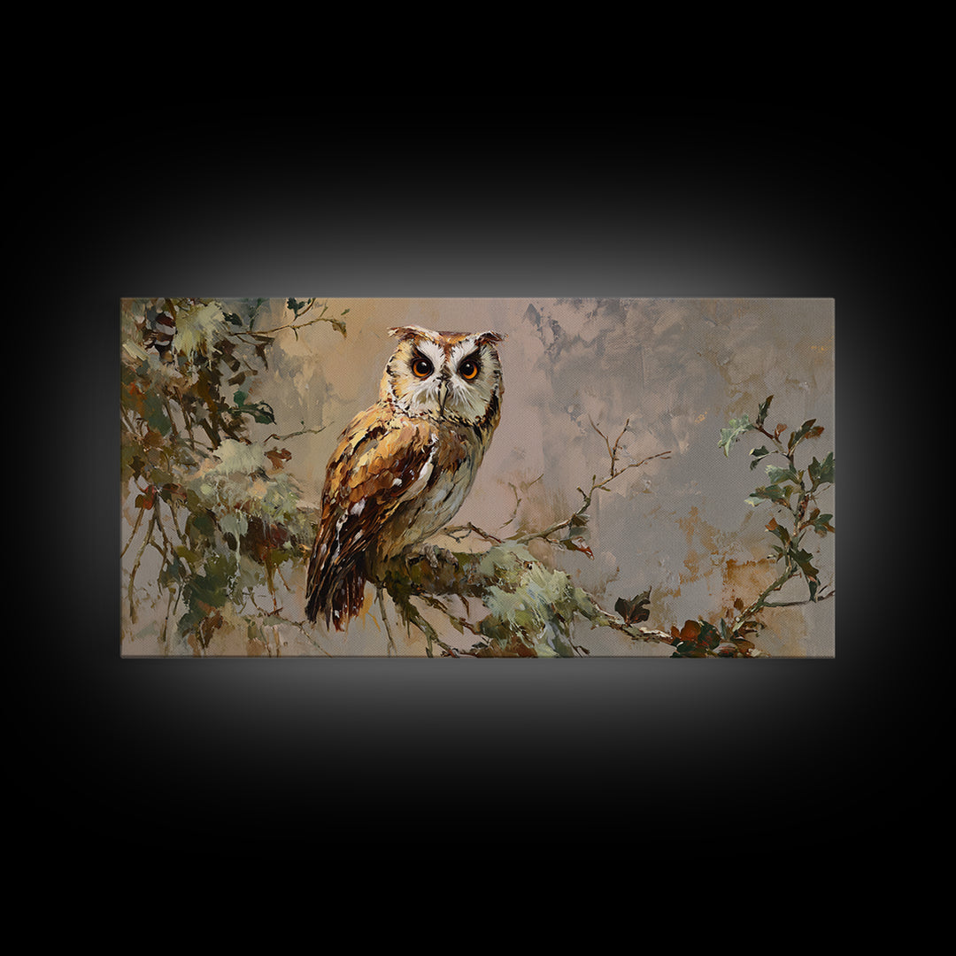 Owl Perched in Moonlit Woodland Framed Canvas Print, Wildlife Art, Wall Hangings, Living Room Decor, Fine Art, Wild, Bird Art, WIL-2x1-56