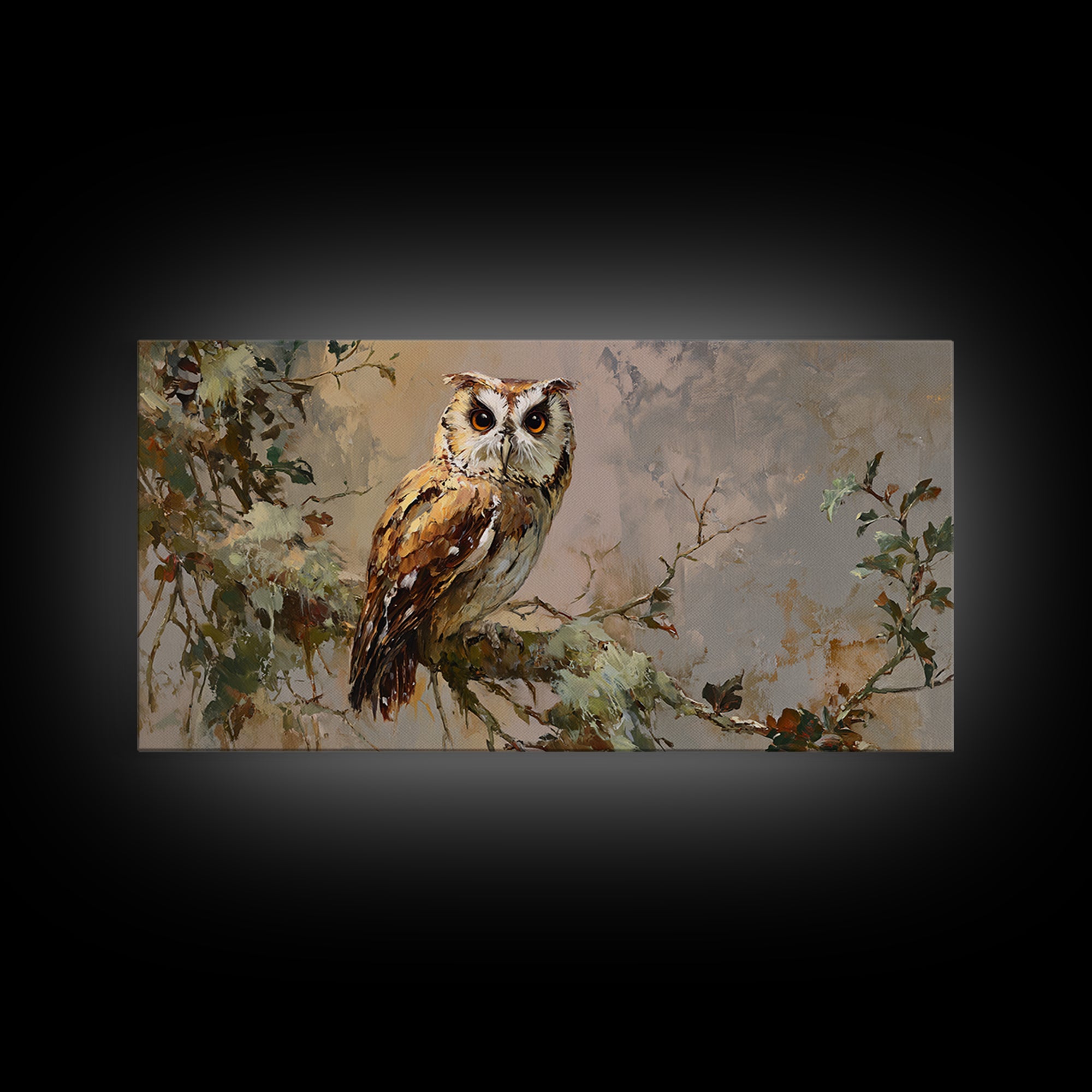Owl Perched in Moonlit Woodland Framed Canvas Print, Wildlife Art, Wall Hangings, Living Room Decor, Fine Art, Wild, Bird Art, WIL-2x1-56