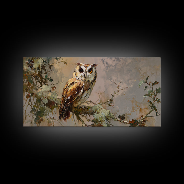 Owl Perched in Moonlit Woodland Framed Canvas Print, Wildlife Art, Wall Hangings, Living Room Decor, Fine Art, Wild, Bird Art, WIL-2x1-56