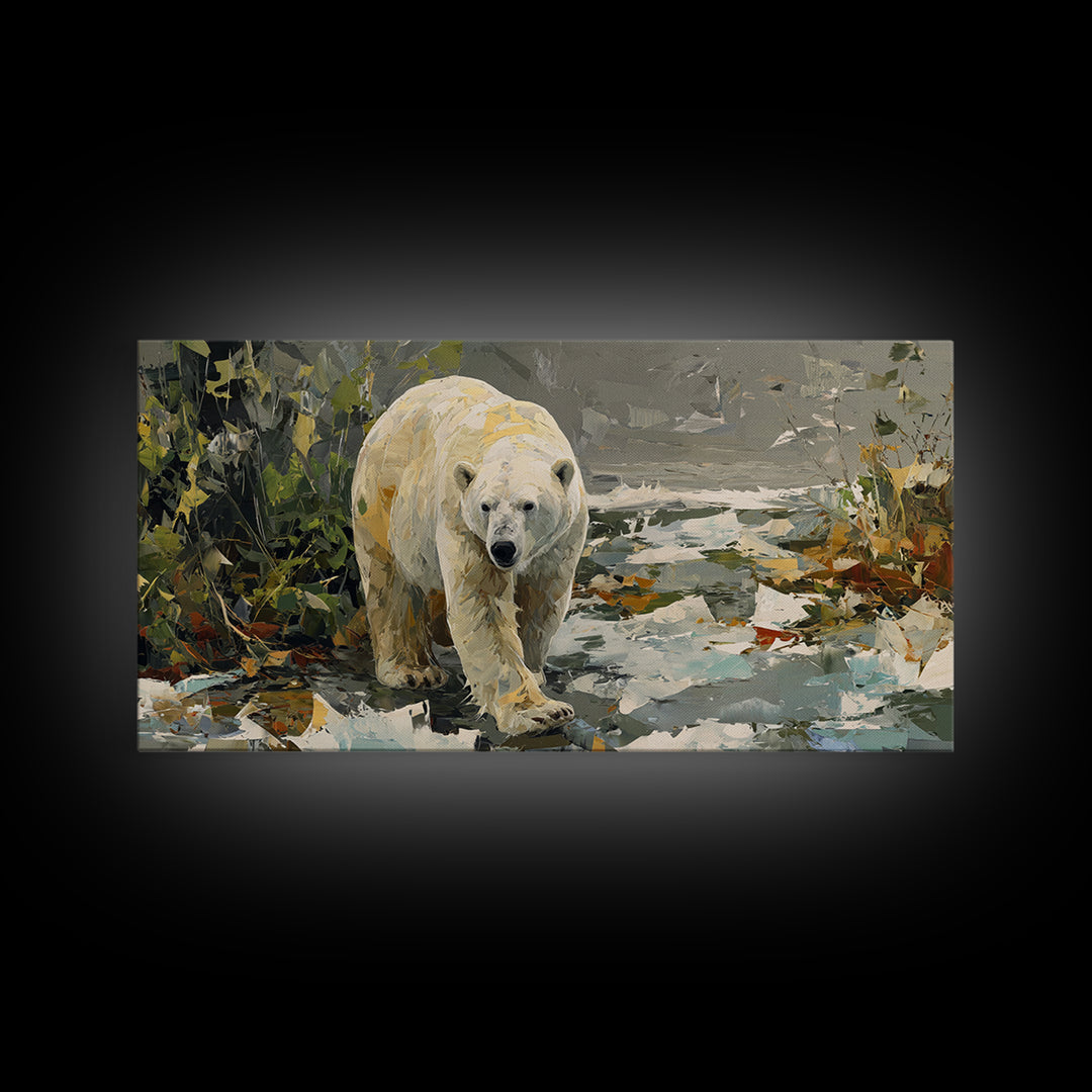 Polar Bear Crossing Blue Ice Framed Canvas Print, Wildlife Art, Landscape Art, Living Room Decor, Watercolor Art, Wild, WIL-2x1-59
