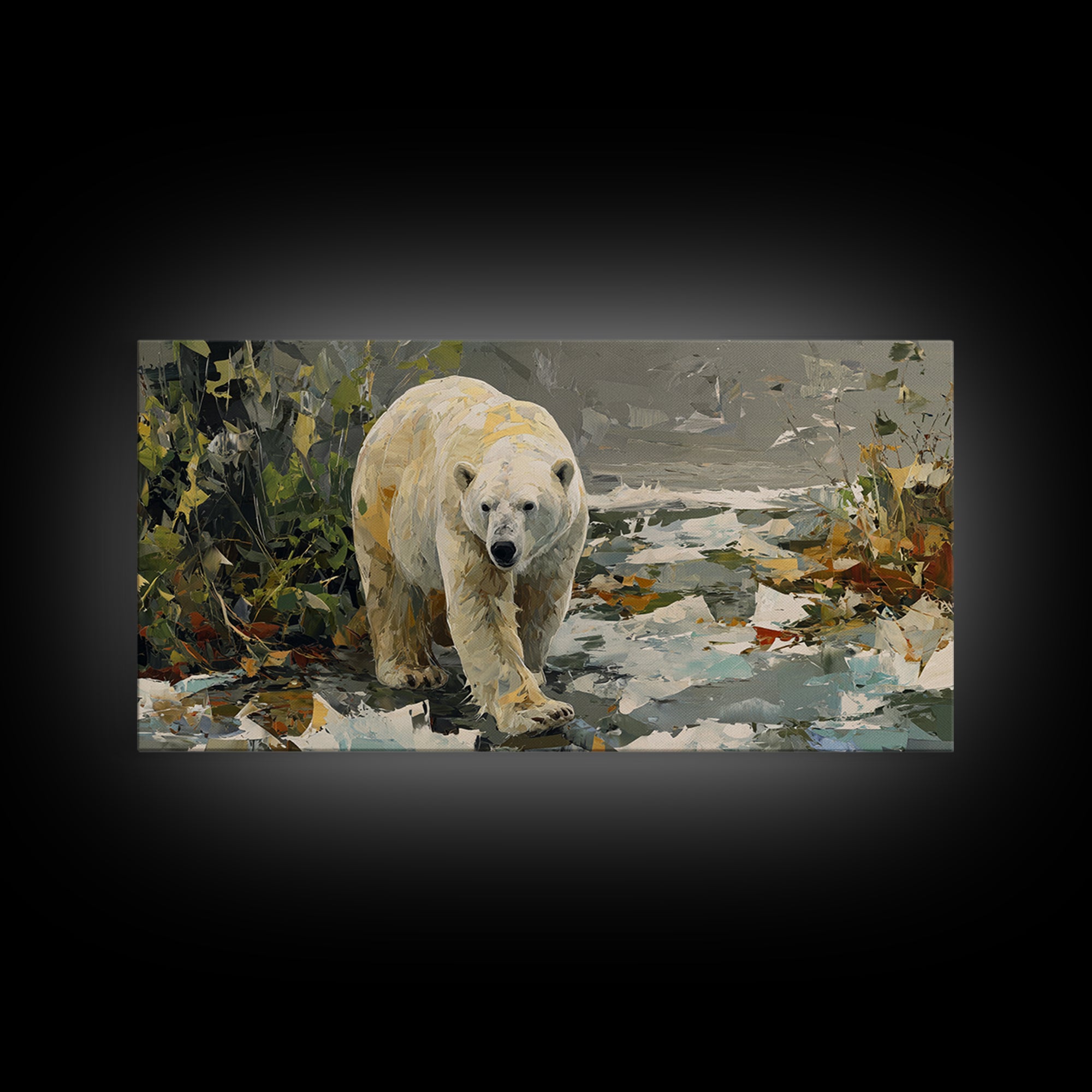 Polar Bear Crossing Blue Ice Framed Canvas Print, Wildlife Art, Landscape Art, Living Room Decor, Watercolor Art, Wild, WIL-2x1-59