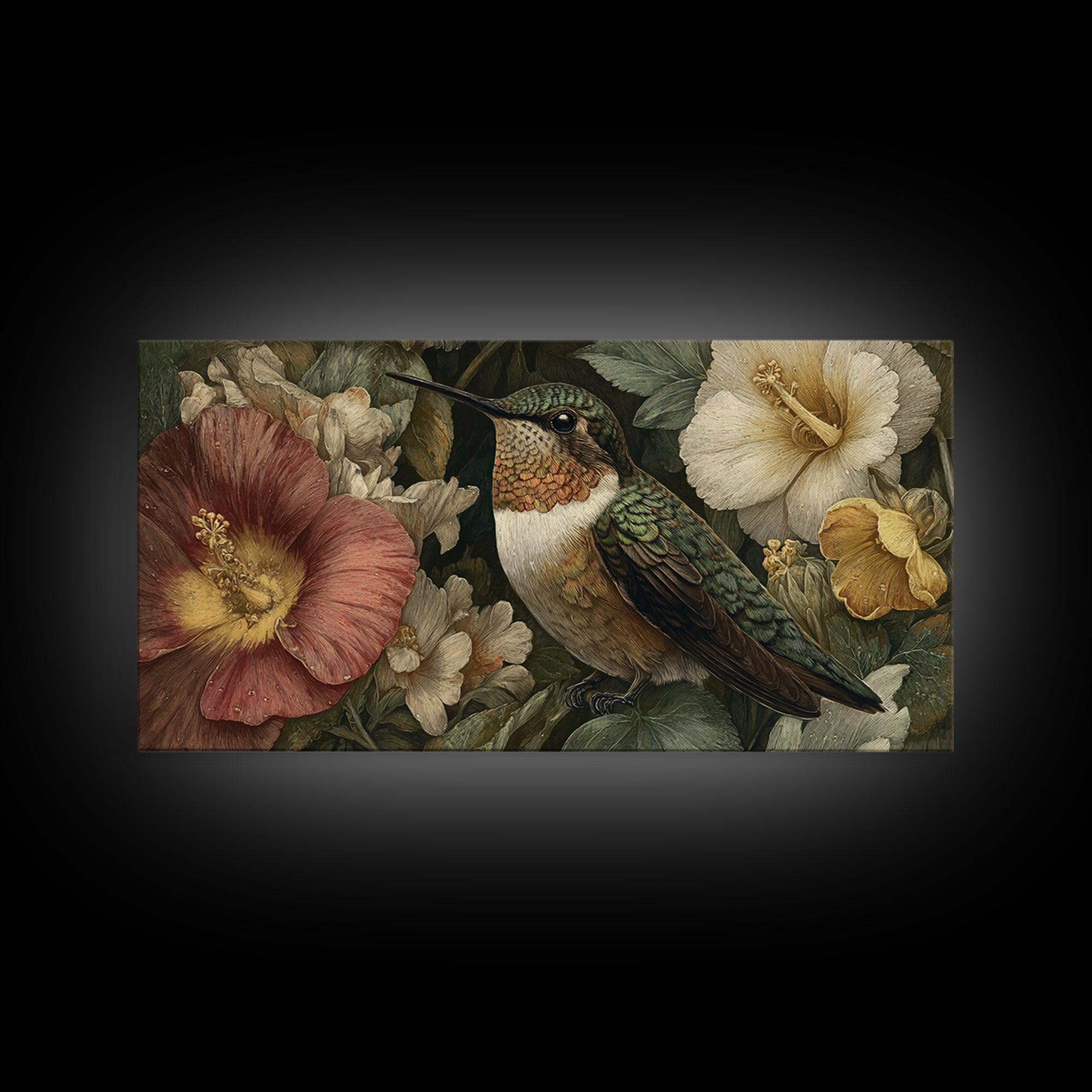 Hummingbird Beside Bright Flowers Framed Canvas Print, Wildlife Art, Oil Painting, Living Room Decor, Fine Art, Wild, WIL-2x1-60