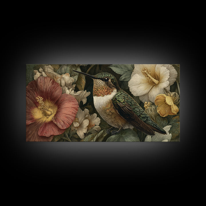 Hummingbird Beside Bright Flowers Framed Canvas Print, Wildlife Art, Oil Painting, Living Room Decor, Fine Art, Wild, WIL-2x1-60