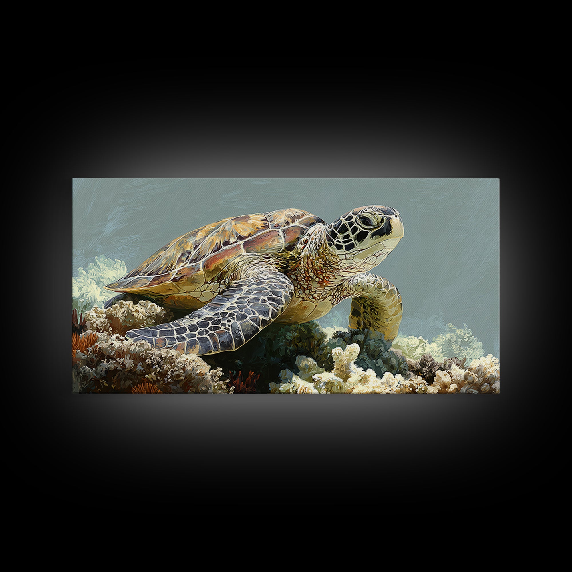 Sea Turtle over Coral Reef Canvas Print, Wildlife Art, Room Decor, Living Room Decor, Oil Painting, Wild, Large Wall Art, WIL-2x1-62
