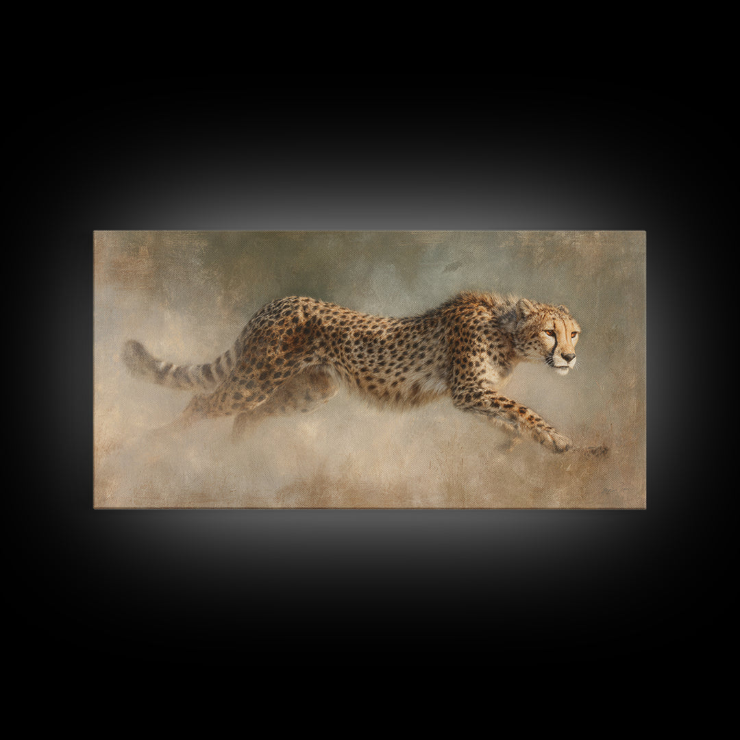 Cheetah Running Through Warm Dust Framed Canvas Print, Wildlife Art, Wall Hangings, Living Room Decor, Abstract Art, Wild, WIL-2x1-65