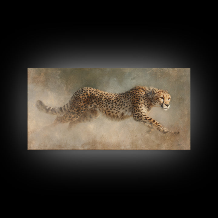 Cheetah Running Through Warm Dust Framed Canvas Print, Wildlife Art, Wall Hangings, Living Room Decor, Abstract Art, Wild, WIL-2x1-65