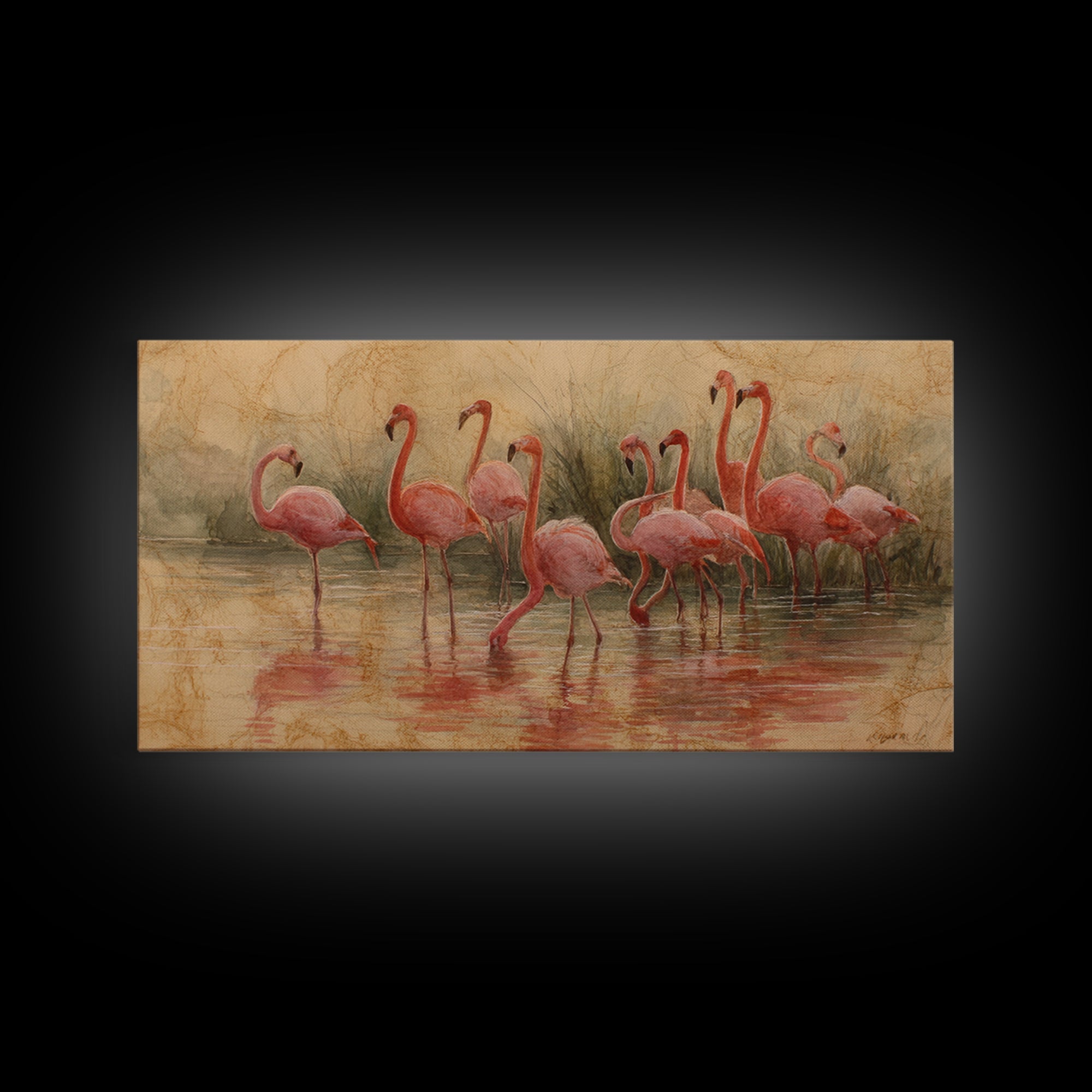Flamingos in Pink Shallow Water Canvas Print, Wildlife Art, Textured Painting, Living Room Decor, Watercolor Art, Wild, WIL-2x1-66