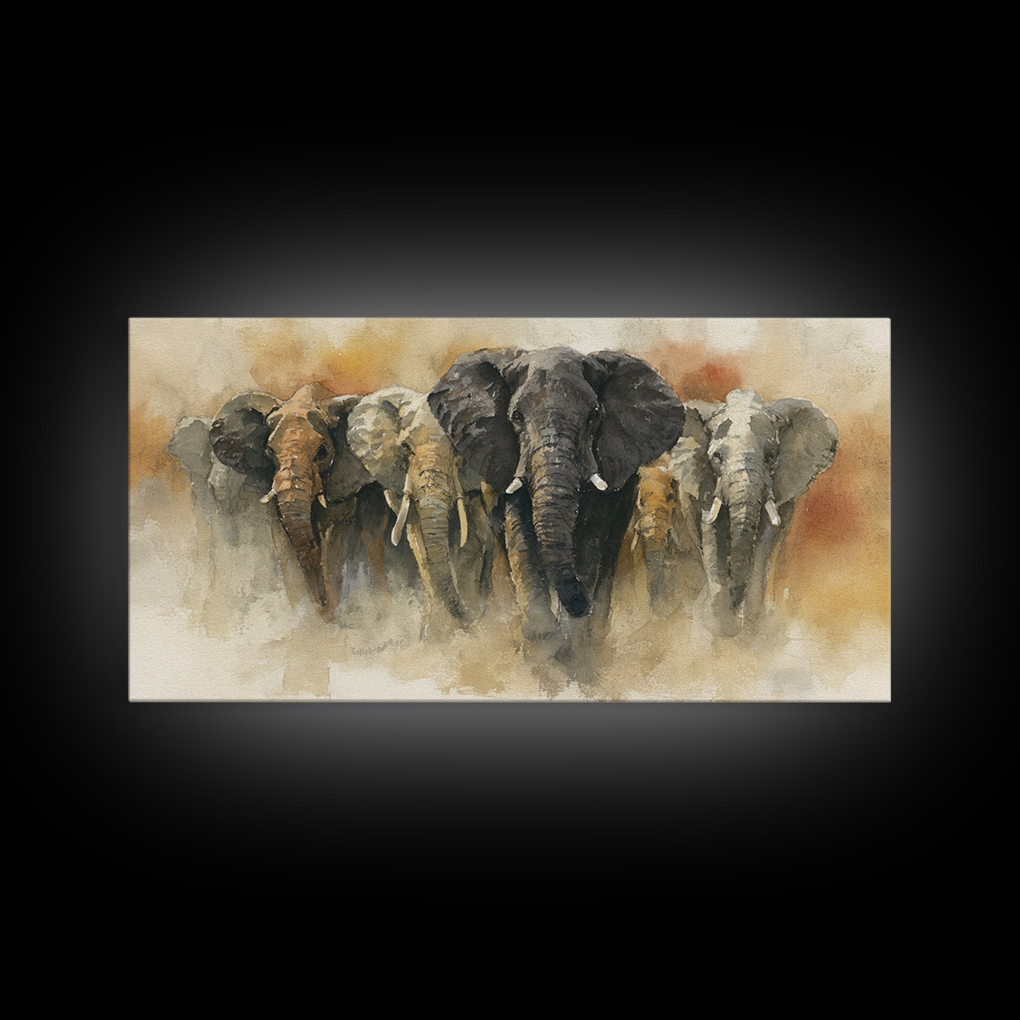 Elephant Herd Walking Through Dusty Sunset Canvas Print, Wildlife Art, Wall Decor, Living Room Decor, Fine Art, Wild, WIL-2x1-70