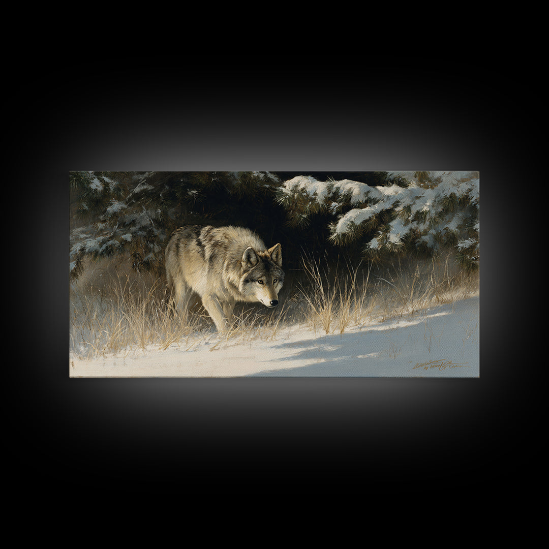 Wolf Standing Beneath Snowy Pine Trees Canvas Print, Wildlife Art, Living Room Art, Living Room Decor, Abstract Art, Wild, WIL-2x1-71
