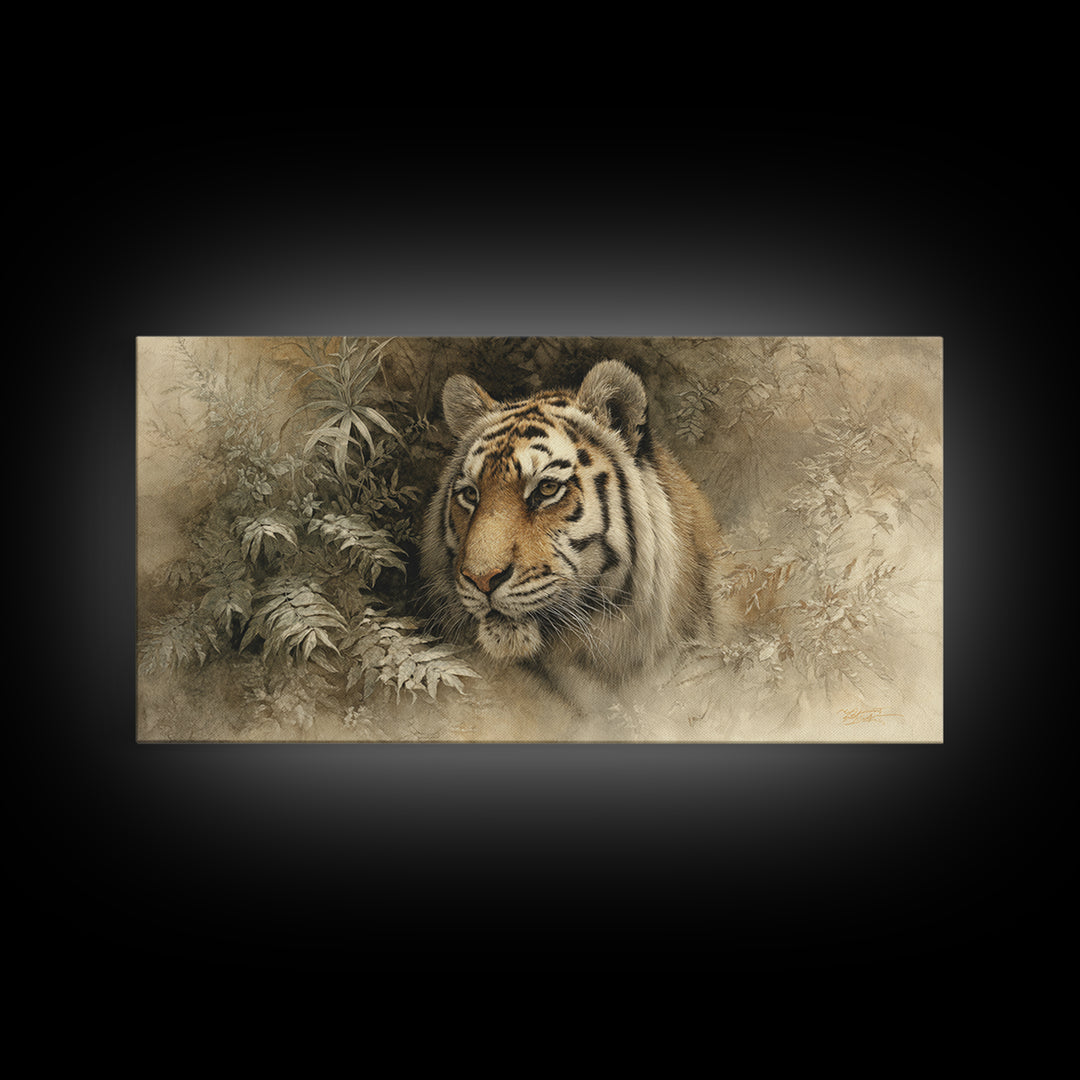 Tiger Portrait with Jungle Shadows Canvas Print, Wildlife Art, Digital Wall Art, Living Room Decor, Fine Art, Wild, Modern Art, WIL-2x1-73