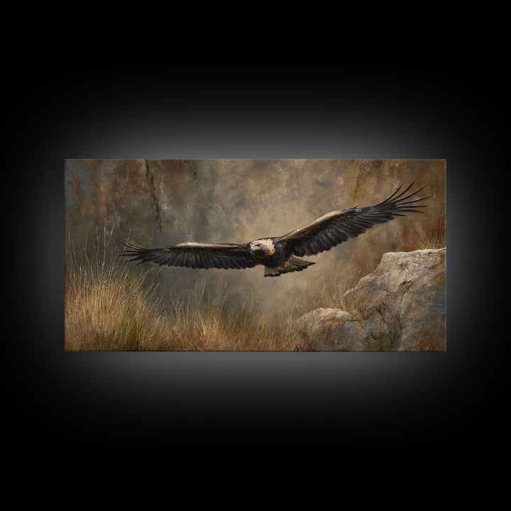 Eagle Soaring Above Rocky Cliffs Canvas Print, Wildlife Art, Living Room Decor, Watercolor Art, Wild, Living Room Wall Art, WIL-2x1-74