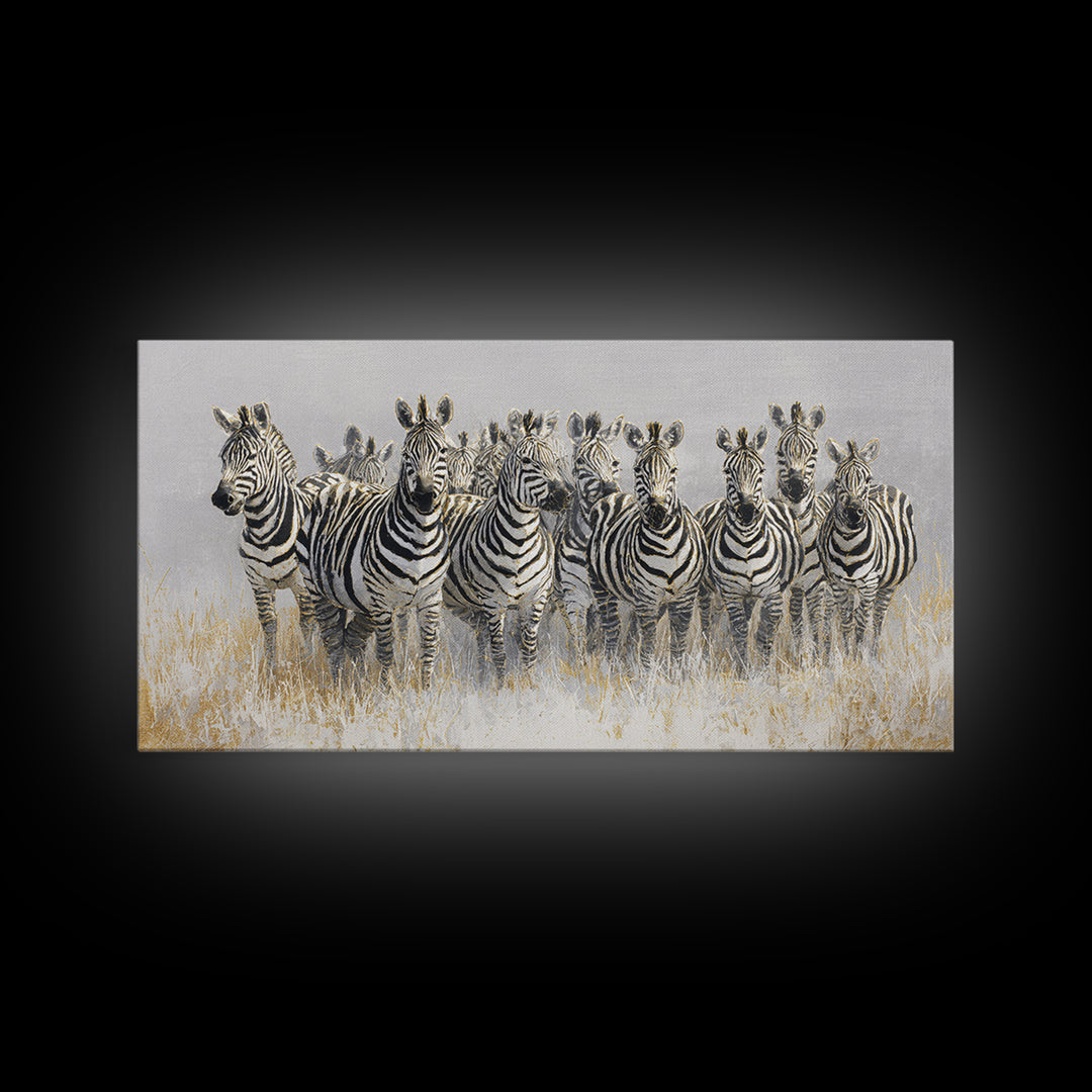 Zebra Herd in Graphic Black and White Framed Canvas Print, Wildlife Art, Bird Wall Art, Living Room Decor, Fine Art, Wild, WIL-2x1-79