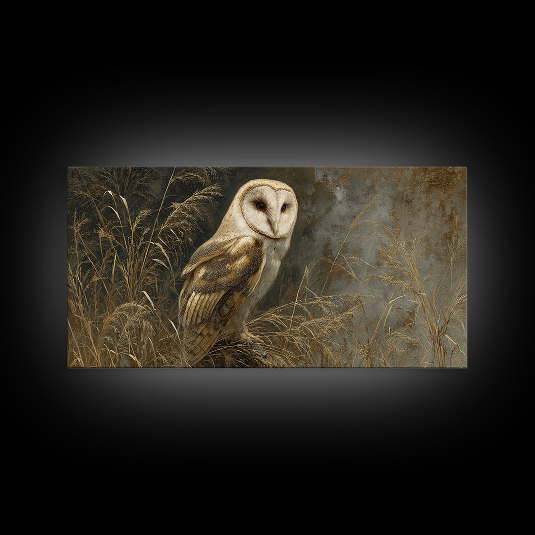 Owl Perched in Moonlit Woodland Framed Canvas Print, Wildlife Art, Living Room Wall Art, Living Room Decor, Fine Art, Wild, WIL-2x1-80