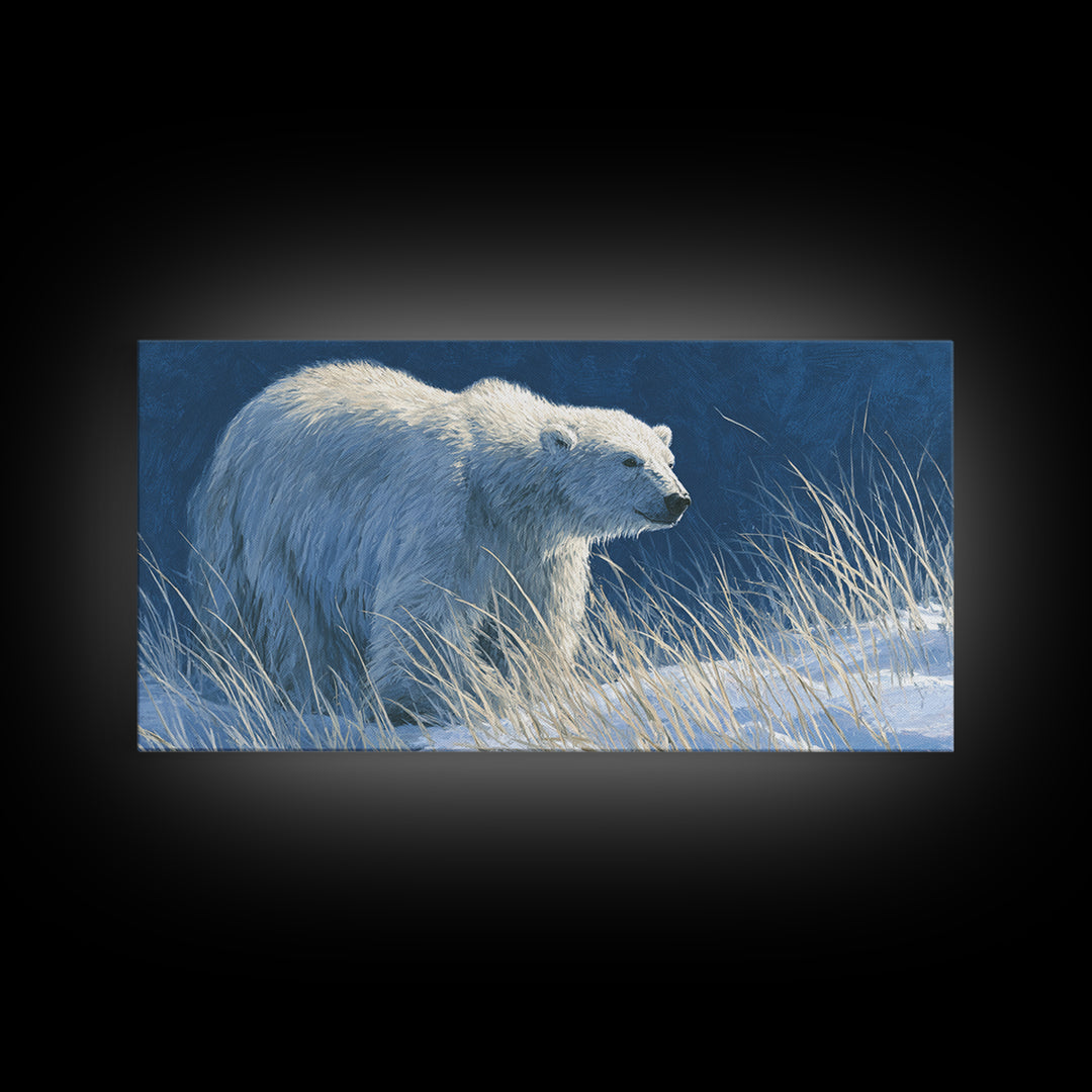 Polar Bear Crossing Blue Ice Framed Canvas Print, Wildlife Art, Contemporary Art, Living Room Decor, Wild, Wall Art Print, WIL-2x1-83