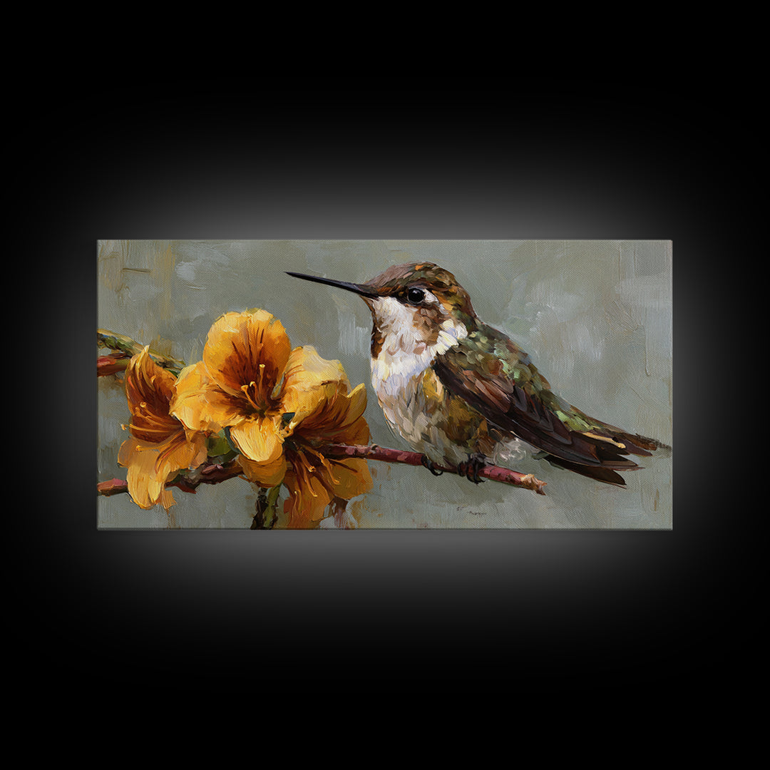Hummingbird Beside Bright Flowers Framed Canvas Print, Wildlife Art, Bird Art, Living Room Decor, Watercolor Art, Wild, WIL-2x1-84
