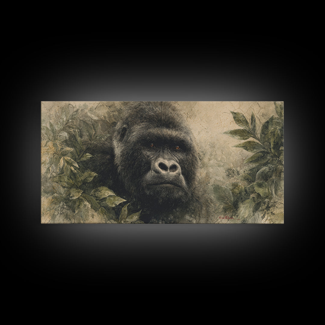 Gorilla Portrait with Powerful Gaze Framed Canvas Print, Wildlife Art, Canvas Wall Art, Living Room Decor, Fine Art, Wild, WIL-2x1-85