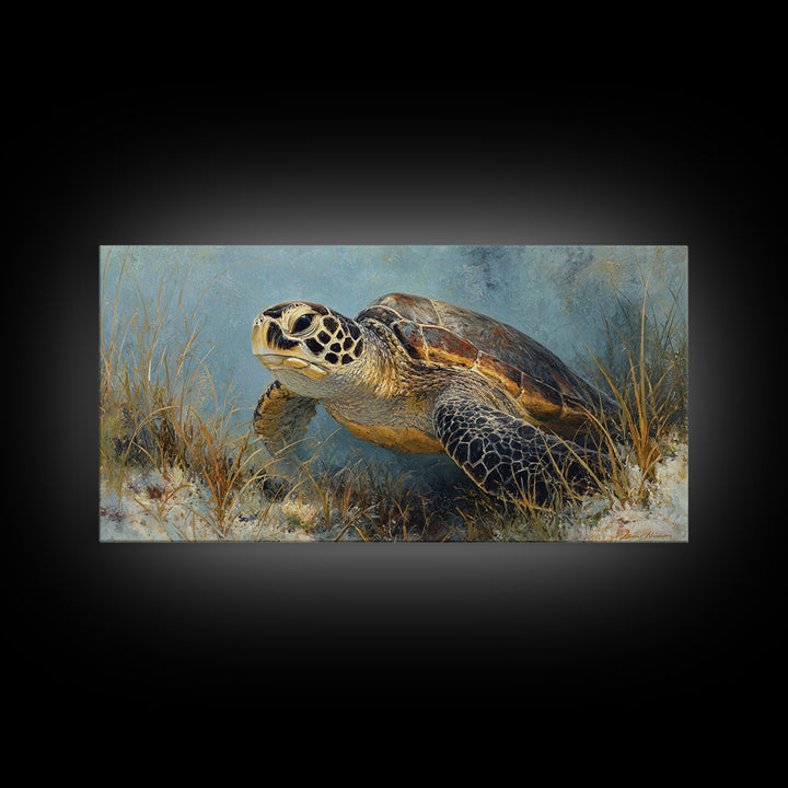 Sea Turtle over Coral Reef Framed Canvas Print, Wildlife Art, Home Decor, Living Room Decor, Fine Art, Wild, Boho Wall Decor, WIL-2x1-86