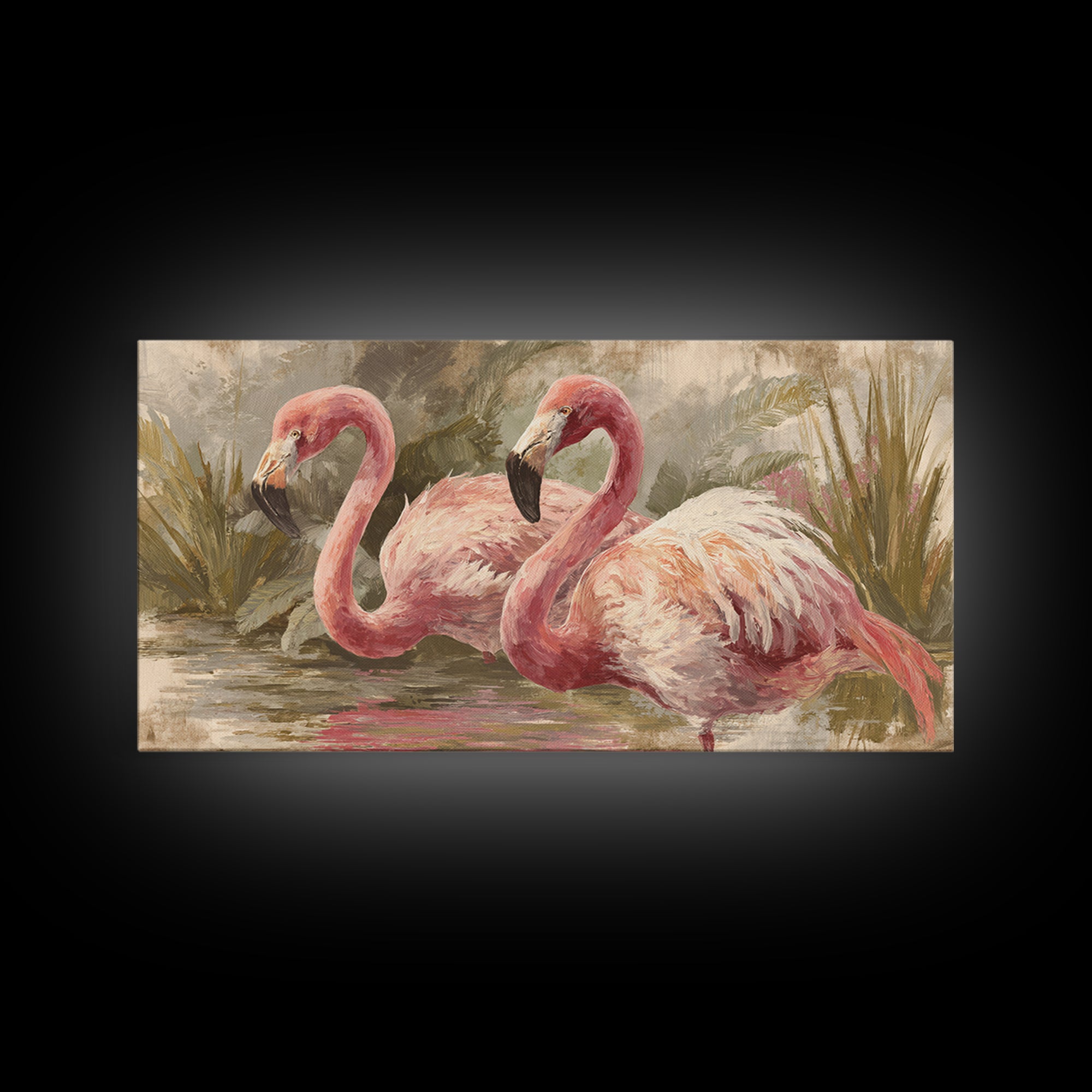 Flamingos in Pink Shallow Water Framed Canvas Print, Wildlife Art, Art, Living Room Decor, Oil Painting, Wild, WIL-2x1-90