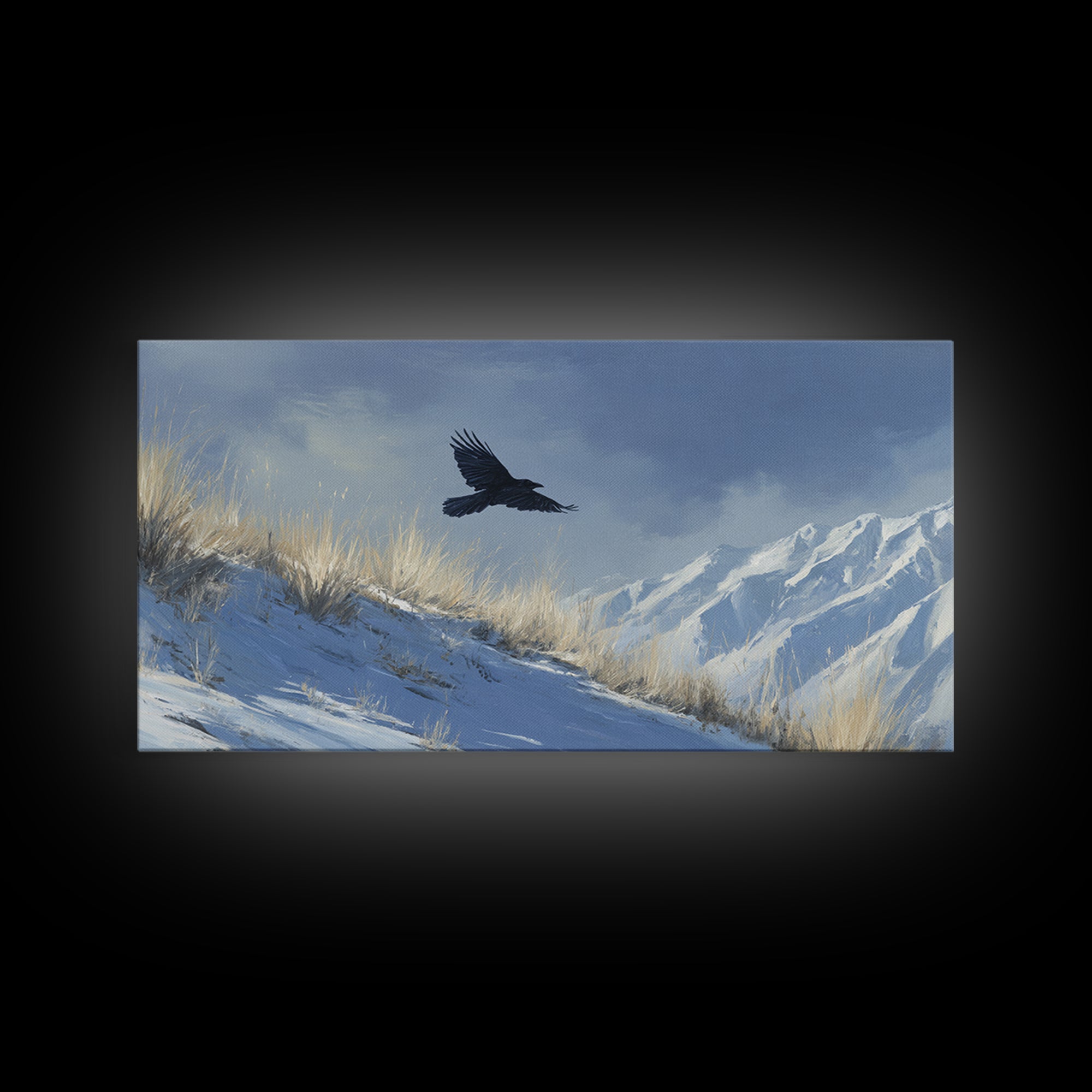 Raven Flying Through Snowy Mountains Framed Canvas Print, Wildlife Art, Boho Wall Decor, Living Room Decor, Fine Art, Wild, WIL-2x1-92