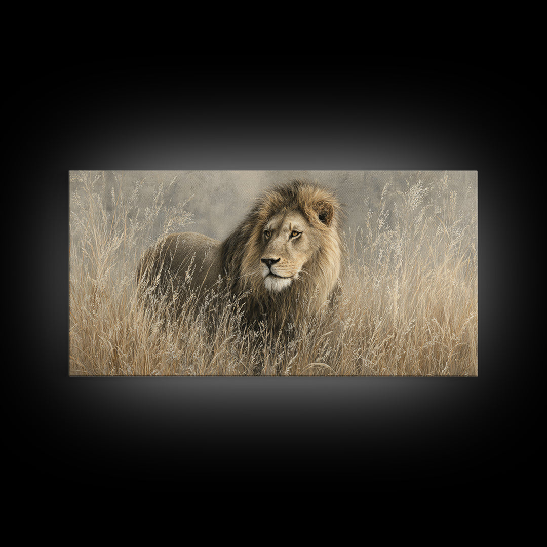 Lion Emerging from Golden Savanna Grass Canvas Print, Wildlife Art, Wall Art Print, Living Room Decor, Fine Art, Wild, WIL-2x1-93