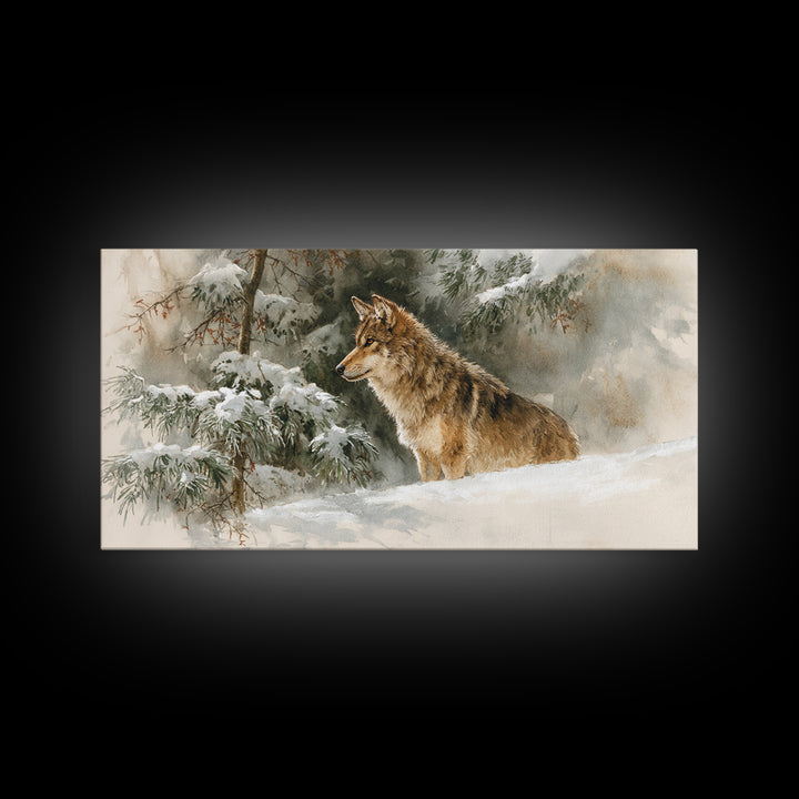 Wolf Standing Beneath Snowy Pine Trees Framed Canvas Print, Wildlife Art, Unique Home Decor, Living Room Decor, Fine Art, Wild, WIL-2x1-95