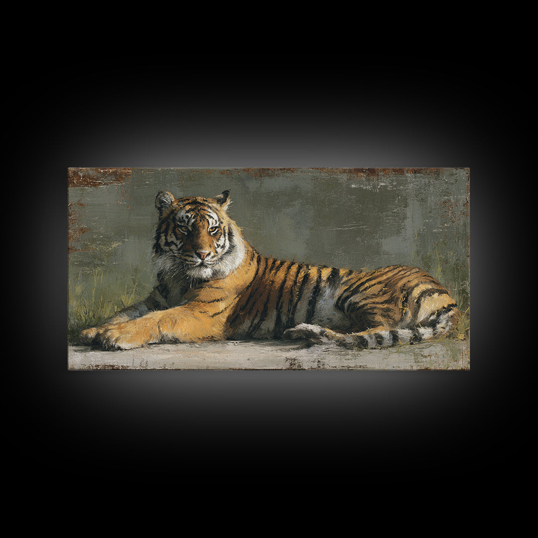 Tiger Portrait with Jungle Shadows Framed Canvas Print, Wildlife Art, Modern Wall Art, Living Room Decor, Oil Painting, Wild, WIL-2x1-97