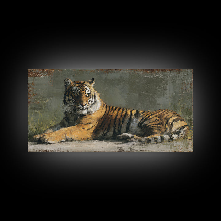 Tiger Portrait with Jungle Shadows Framed Canvas Print, Wildlife Art, Modern Wall Art, Living Room Decor, Oil Painting, Wild, WIL-2x1-97