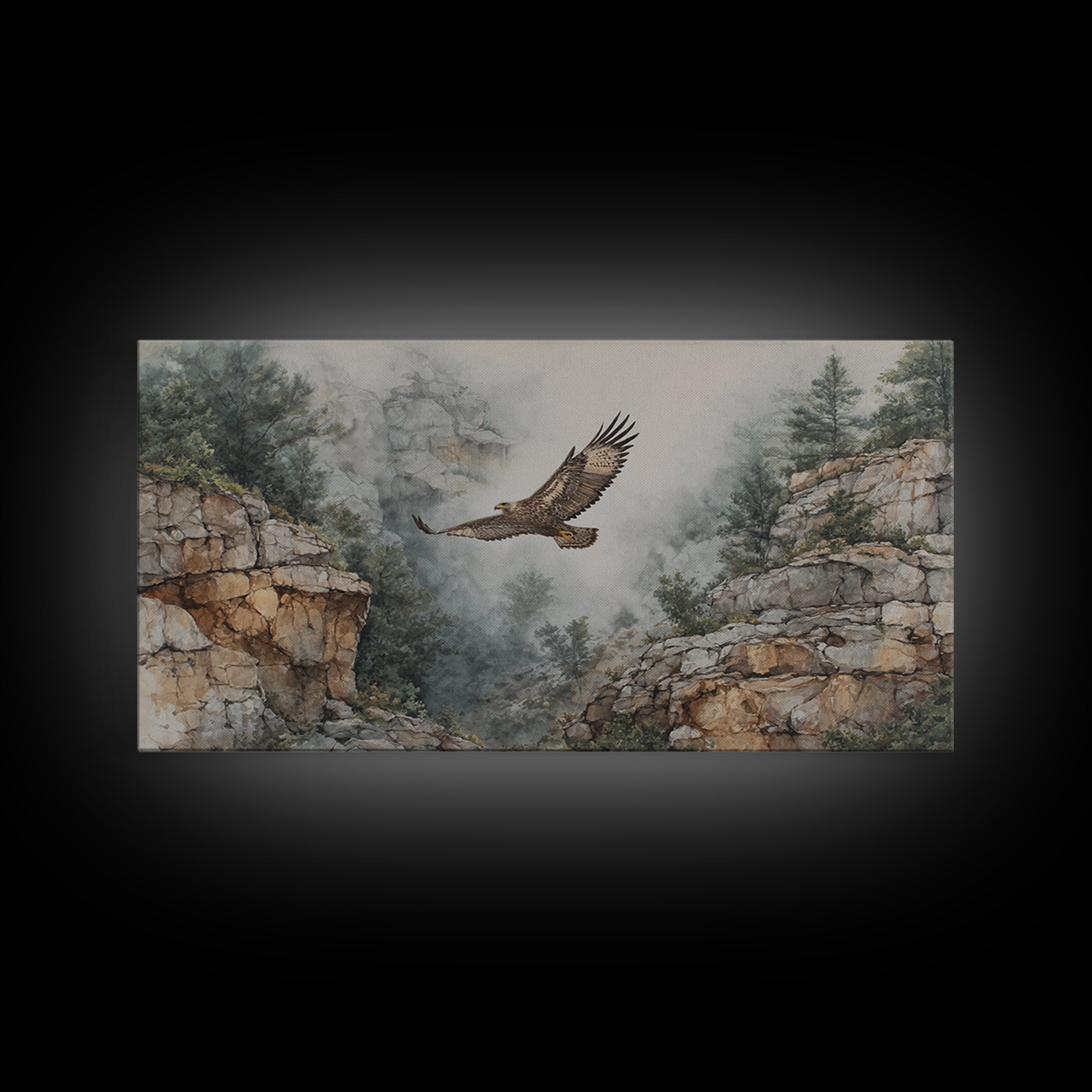 Eagle Soaring Above Rocky Cliffs Canvas Print, Wildlife Art, Living Room Decor, Watercolor Art, Wild, Living Room Wall Art, WIL-2x1-98