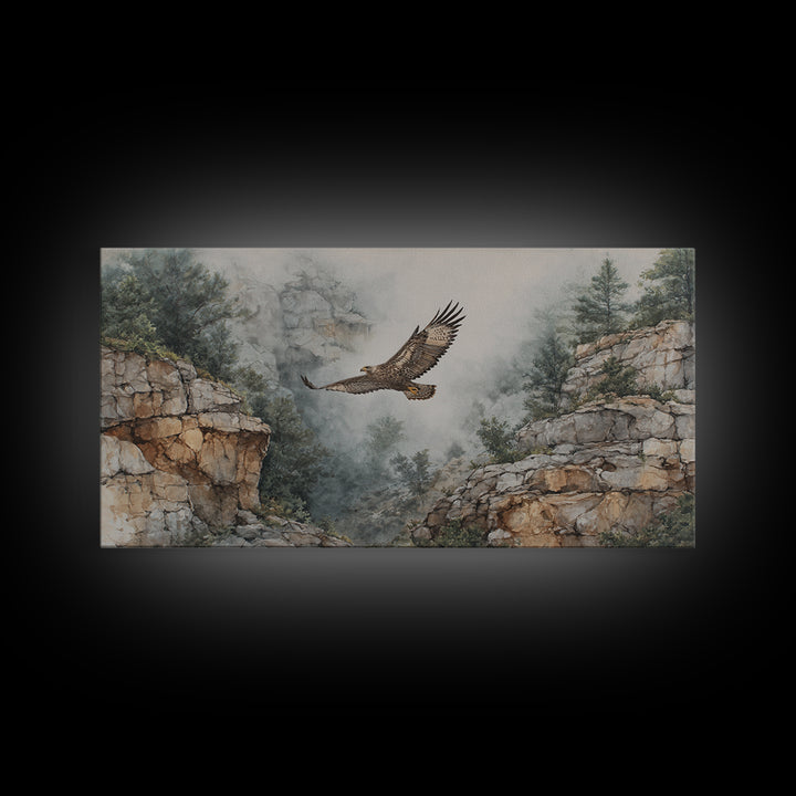 Eagle Soaring Above Rocky Cliffs Canvas Print, Wildlife Art, Living Room Decor, Watercolor Art, Wild, Living Room Wall Art, WIL-2x1-98