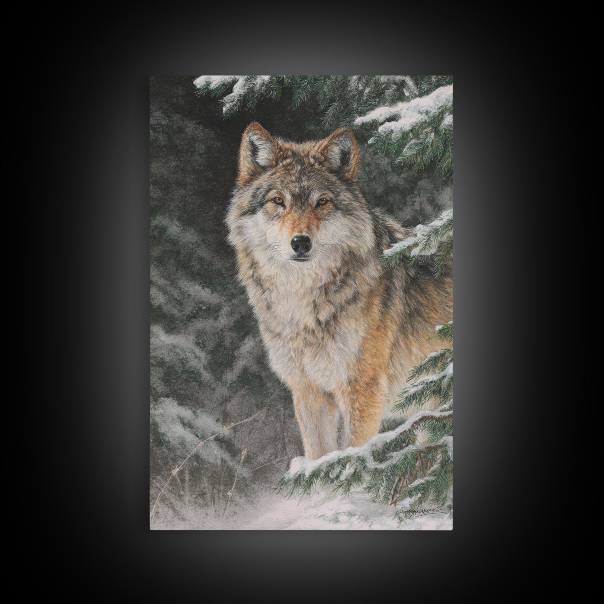 Wolf Standing Beneath Snowy Pine Trees Canvas Print, Wildlife Art, Original Artwork, Living Room Decor, Abstract Art, Wild, WIL-2x3-11