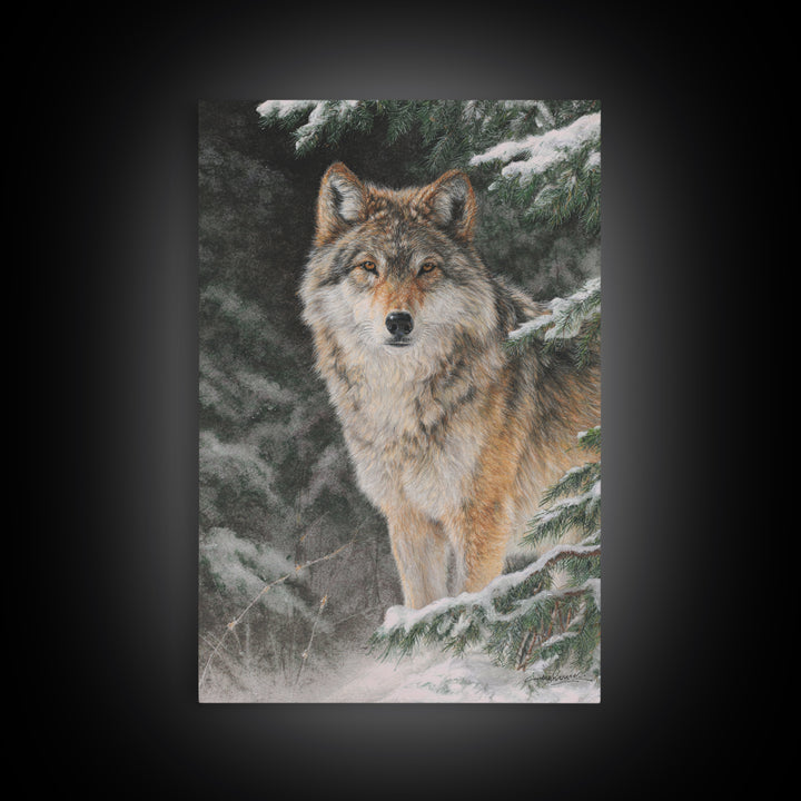 Wolf Standing Beneath Snowy Pine Trees Canvas Print, Wildlife Art, Original Artwork, Living Room Decor, Abstract Art, Wild, WIL-2x3-11