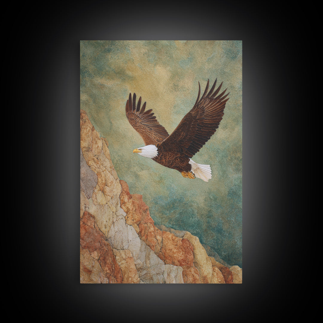 Eagle Soaring Above Rocky Cliffs Canvas Print, Wildlife Art, Art Print, Living Room Decor, Oil Painting, Wild, Digital Wall Art, WIL-2x3-14