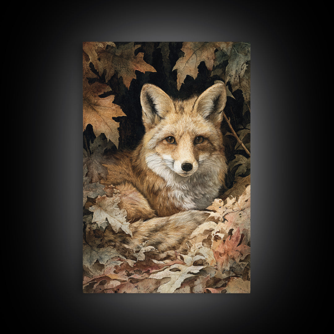 Fox in Autumn Forest Leaves Framed Canvas Print, Wildlife Art, Painting, Living Room Decor, Wild, Living Room Wall Art, WIL-2x3-17
