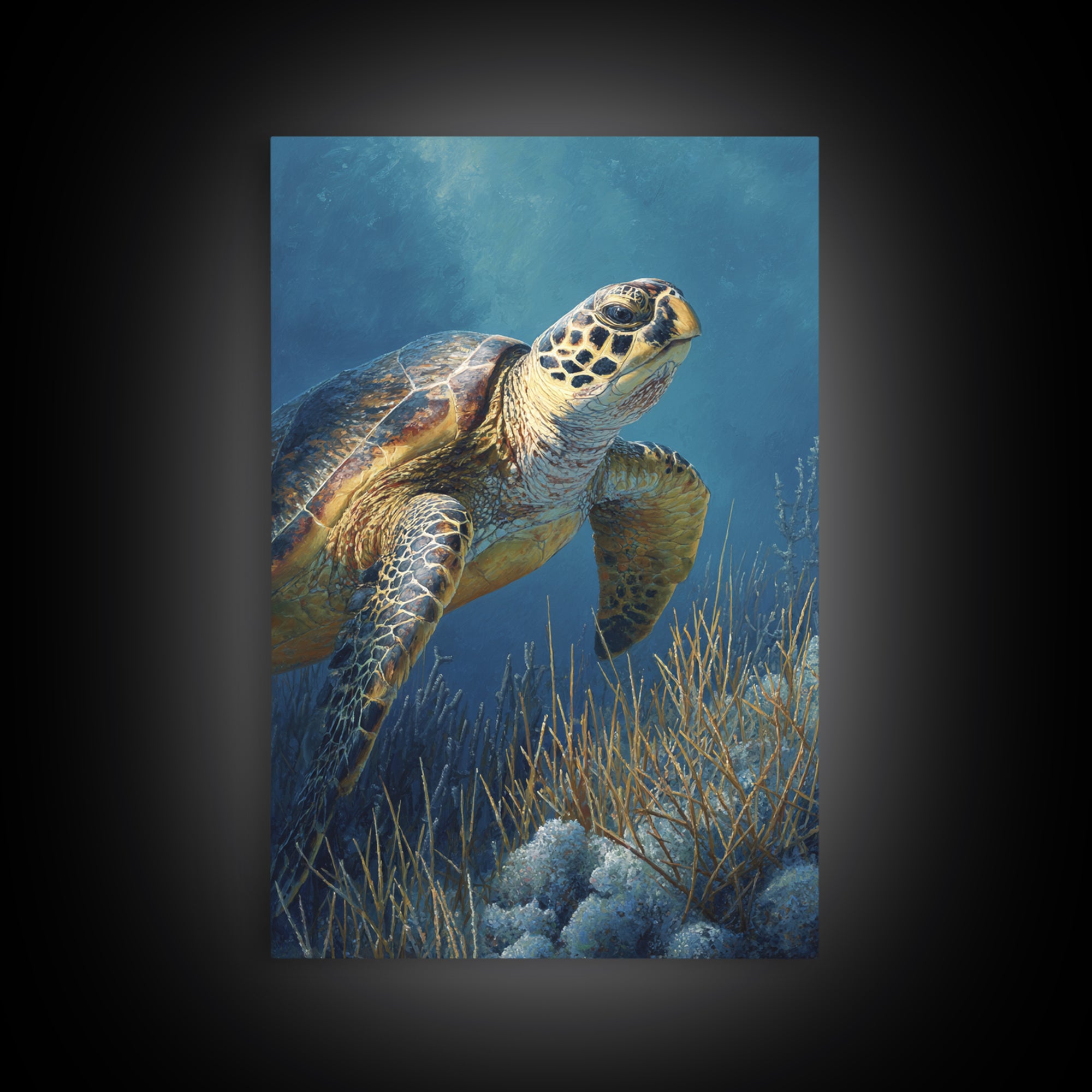 Sea Turtle over Coral Reef Framed Canvas Print, Wildlife Art, Boho Decor, Living Room Decor, Abstract Art, Wild, Painting, WIL-2x3-2