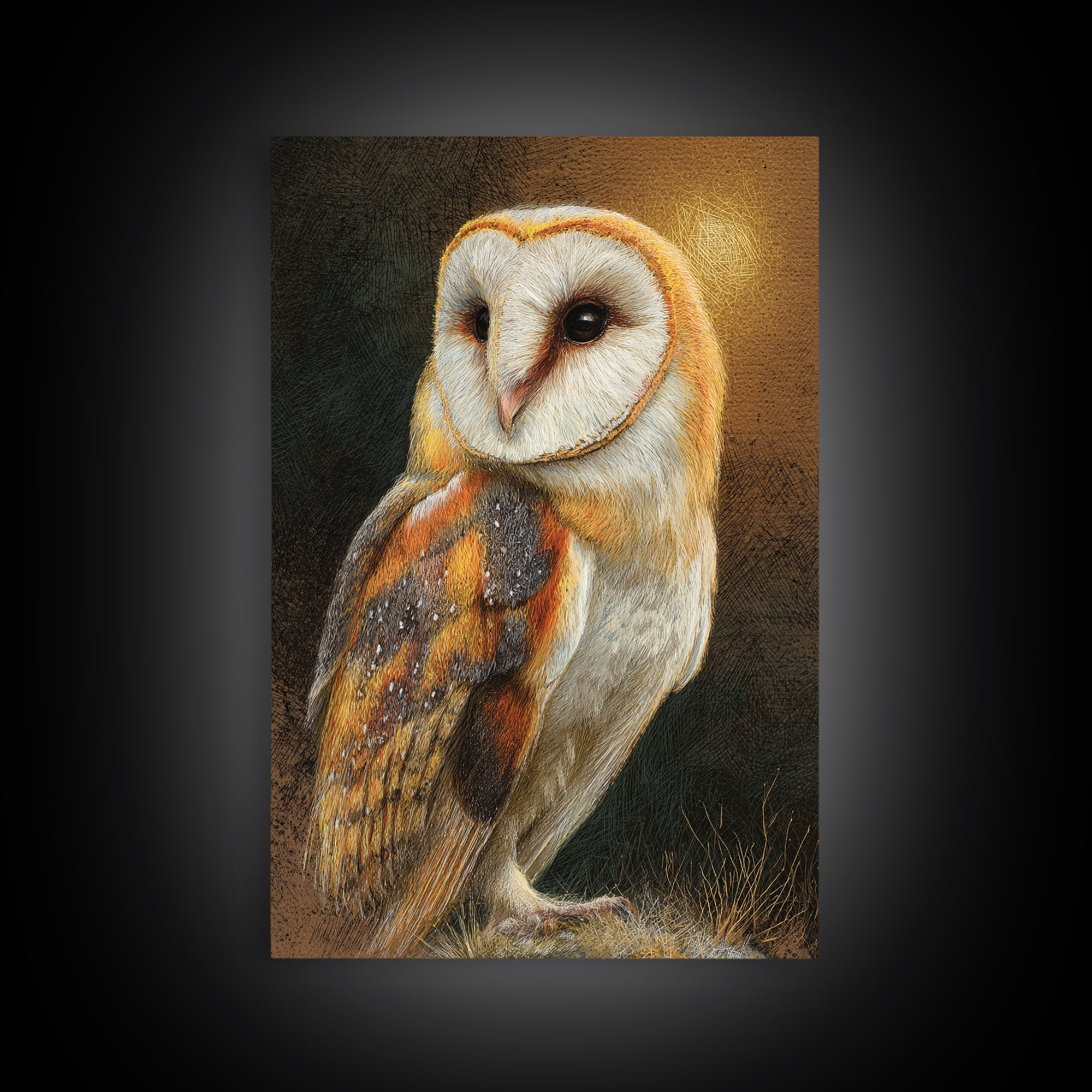 Owl Perched in Moonlit Woodland Framed Canvas Print, Wildlife Art, Oil Painting, Living Room Decor, Wild, Bedroom Wall Art, WIL-2x3-20
