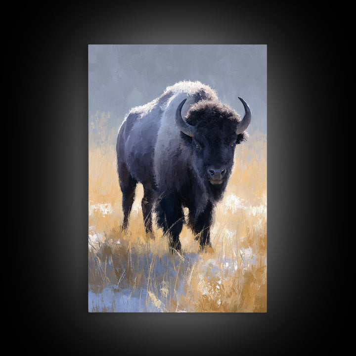 Bison on Wide Western Prairie Framed Canvas Print, Wildlife Art, Contemporary Art, Living Room Decor, Oil Painting, Wild, WIL-2x3-21