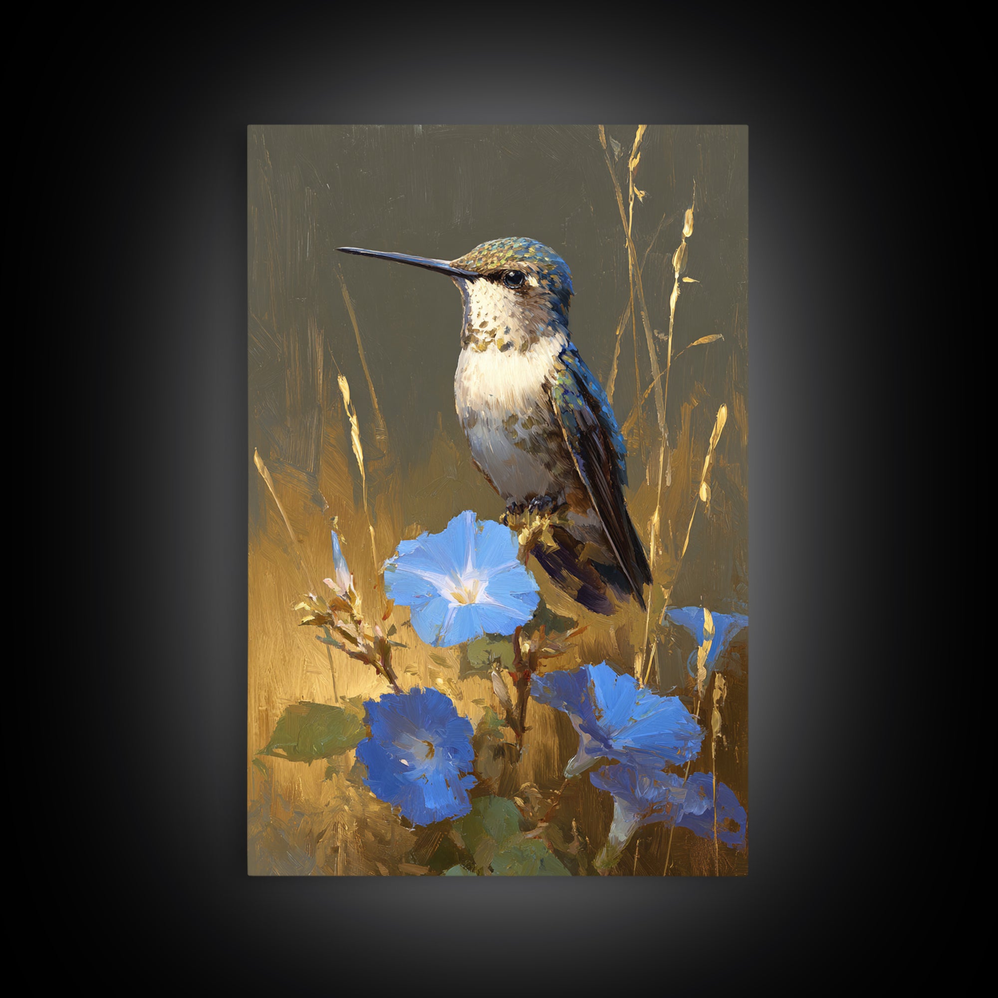 Hummingbird Beside Bright Flowers Framed Canvas Print, Wildlife Art, Canvas Painting, Living Room Decor, Watercolor Art, Wild, WIL-2x3-24