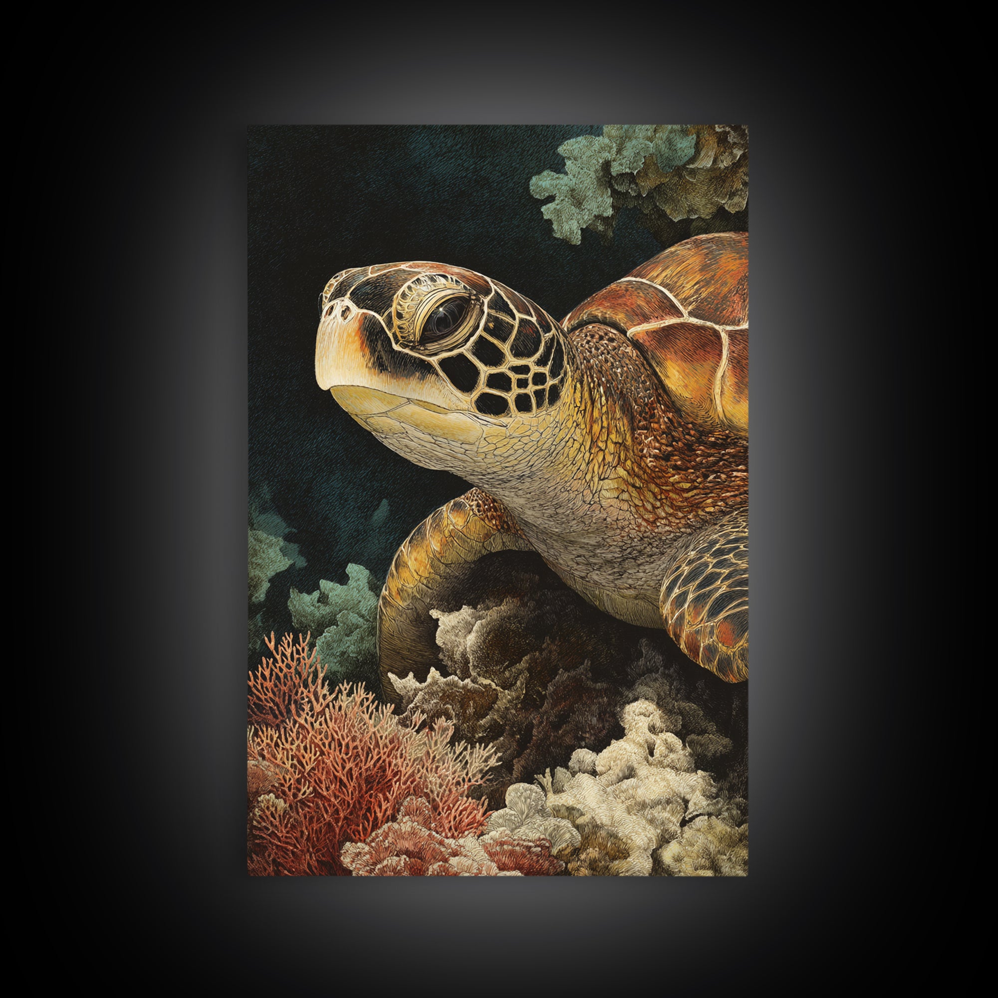 Sea Turtle over Coral Reef Framed Canvas Print, Wildlife Art, Boho Decor, Living Room Decor, Abstract Art, Wild, Painting, WIL-2x3-26