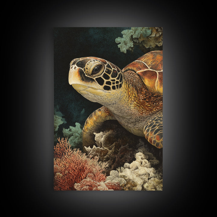 Sea Turtle over Coral Reef Framed Canvas Print, Wildlife Art, Boho Decor, Living Room Decor, Abstract Art, Wild, Painting, WIL-2x3-26