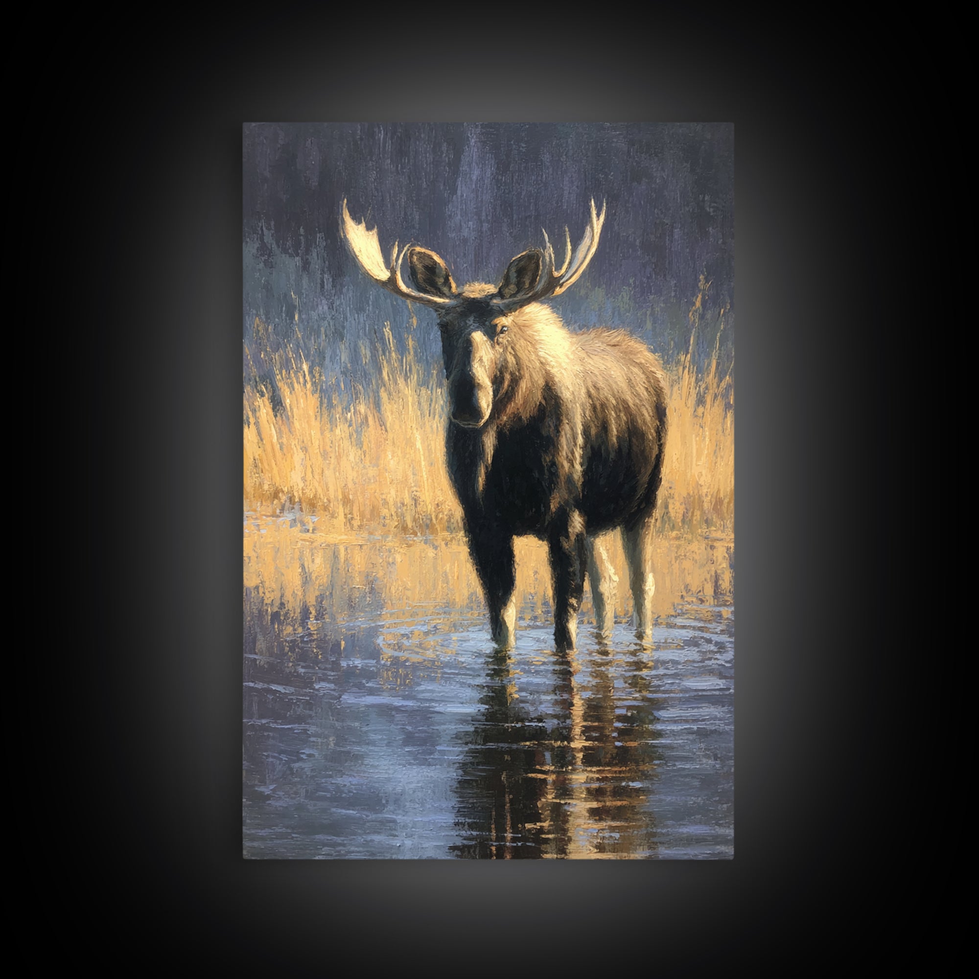 Moose Standing in Reflective Lake Canvas Print, Wildlife Art, Fine Art Print, Living Room Decor, Watercolor Art, Wild, WIL-2x3-27