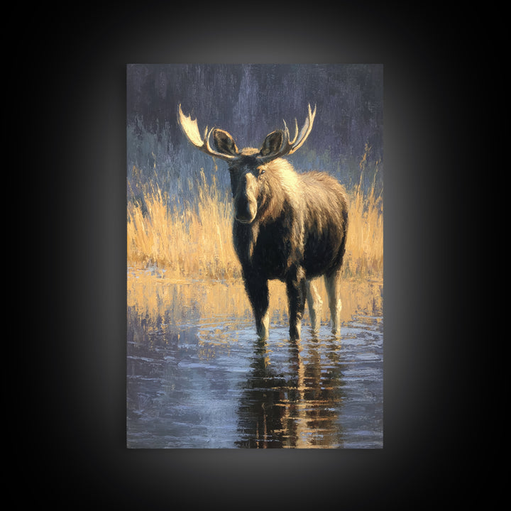 Moose Standing in Reflective Lake Canvas Print, Wildlife Art, Fine Art Print, Living Room Decor, Watercolor Art, Wild, WIL-2x3-27