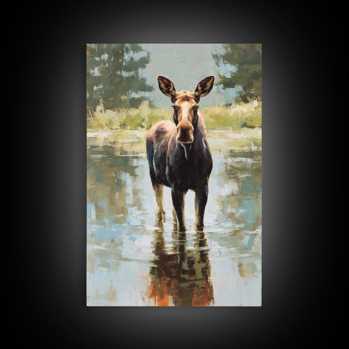 Moose Standing in Reflective Lake Framed Canvas Print, Wildlife Art, Forest Wall Art, Living Room Decor, Fine Art, Wild, WIL-2x3-3