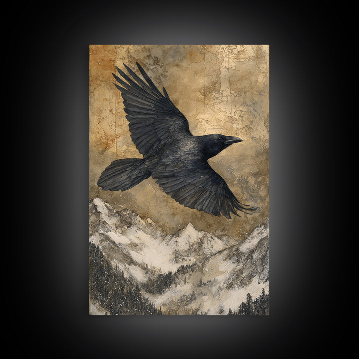 Raven Flying Through Snowy Mountains Canvas Print, Wildlife Art, Nature Wall Art, Living Room Decor, Watercolor Art, Wild, WIL-2x3-32