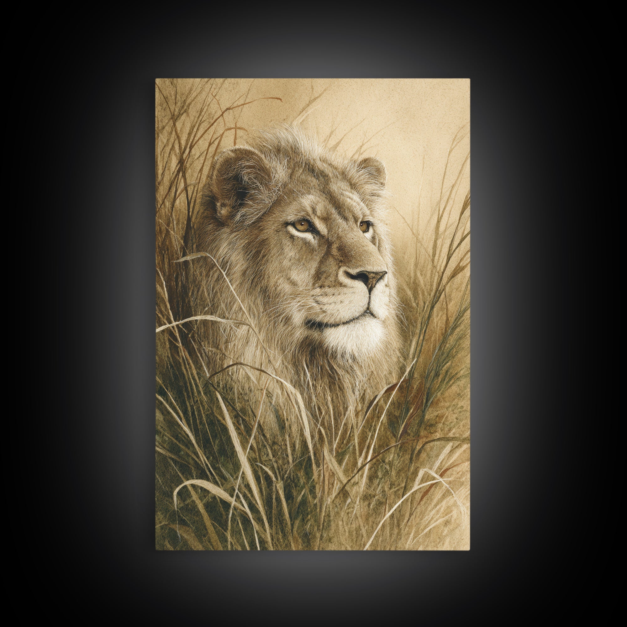 Lion Emerging from Golden Savanna Grass Framed Canvas Print, Wildlife Art, Living Room Decor, Watercolor Art, Wild, WIL-2x3-33