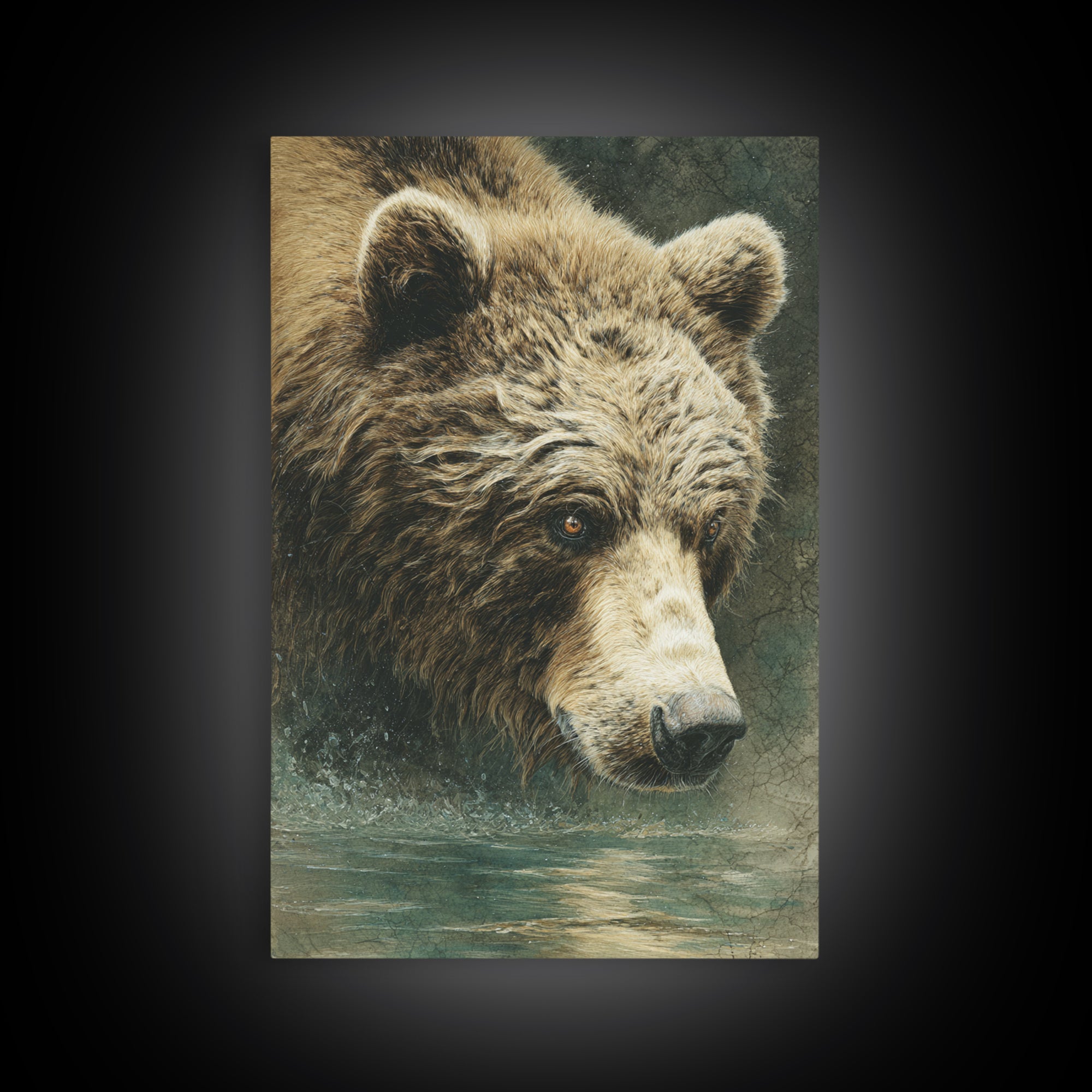 Bear Fishing in Rushing Mountain River Framed Canvas Print, Wildlife Art, Leopard Wall Art, Living Room Decor, Watercolor Art, WIL-2x3-36