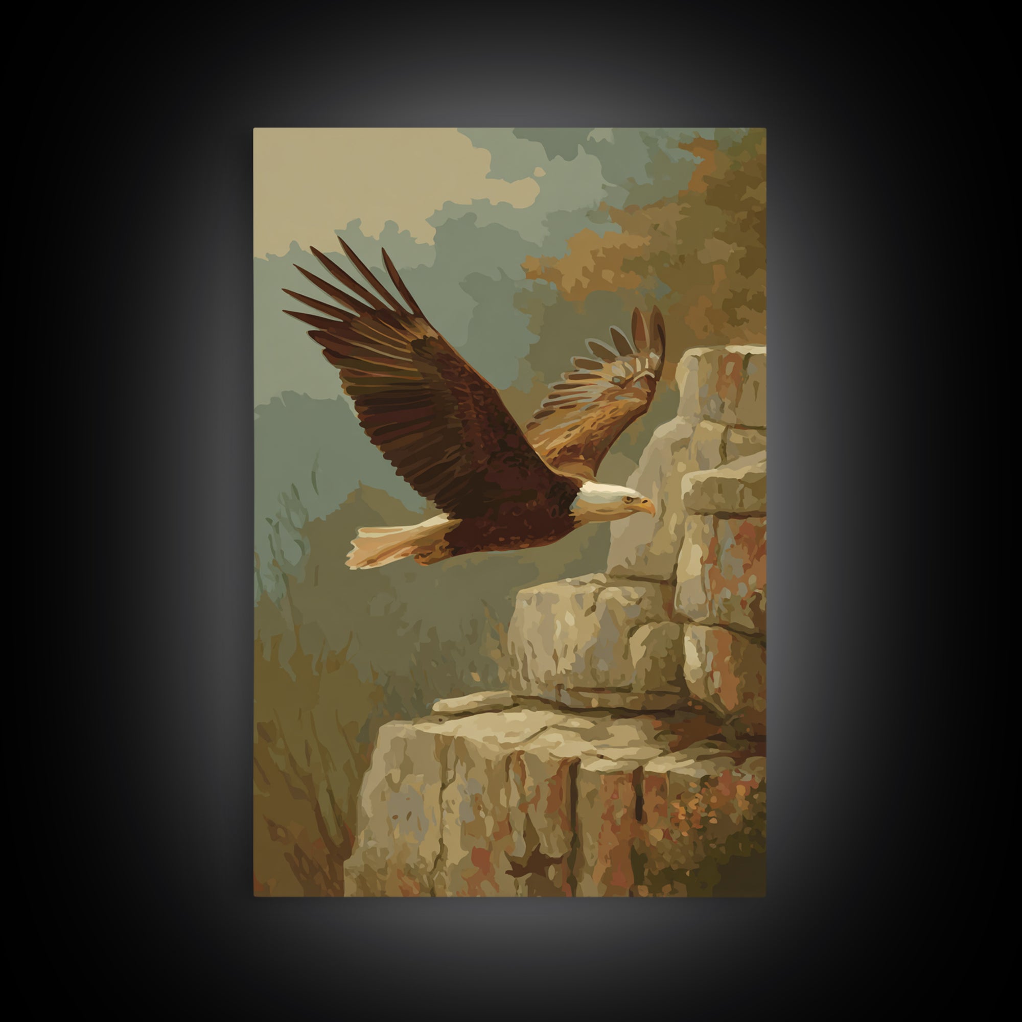 Eagle Soaring Above Rocky Cliffs Framed Canvas Print, Wildlife Art, Wall Art, Living Room Decor, Wild, Modern Wall Art, WIL-2x3-38