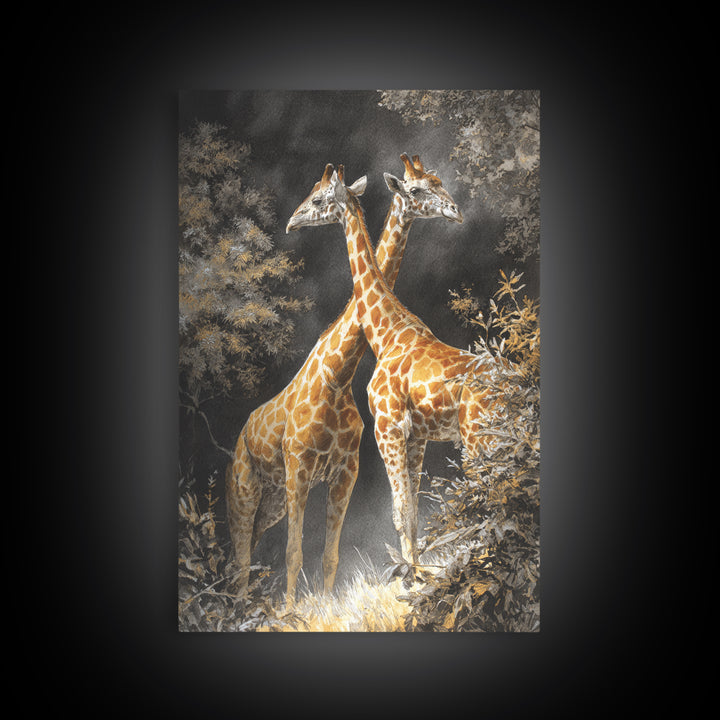 Giraffe Pair under Acacia Tree Canvas Print, Wildlife Art, Minimalist Decor, Living Room Decor, Fine Art, Wild, Wall Art Print, WIL-2x3-39