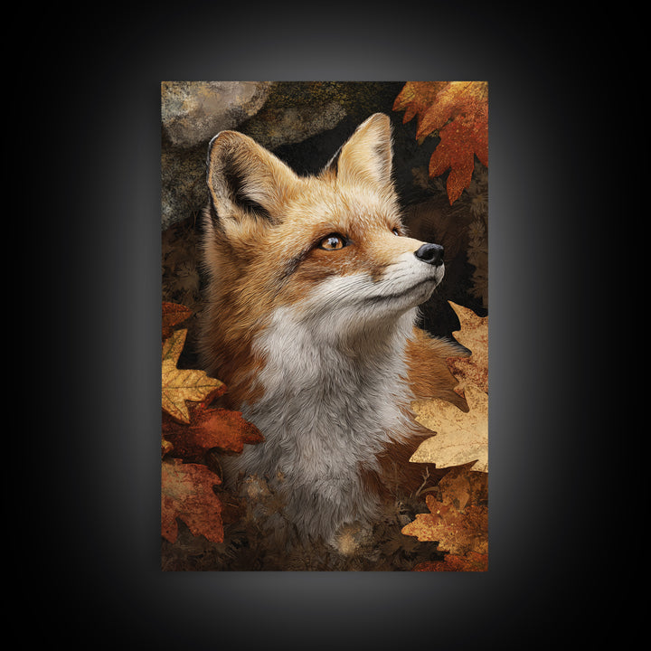 Fox in Autumn Forest Leaves Framed Canvas Print, Wildlife Art, Painting, Living Room Decor, Wild, Living Room Wall Art, WIL-2x3-41